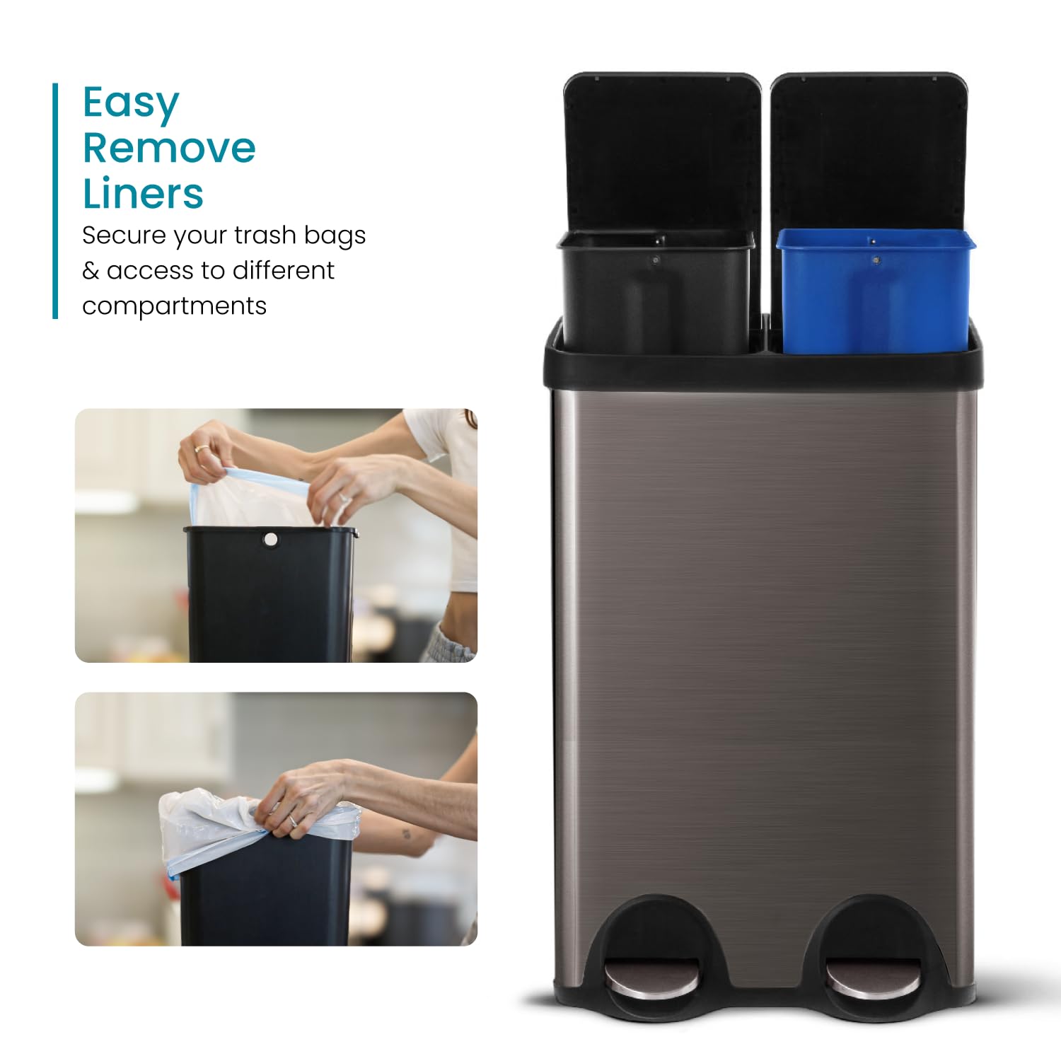 15.8 Gallon Stainless Steel Kitchen Trash Can with Dual Removable Liners - Black Recycling & Waste Bin for Home & Office | Space-Saving Design for Small Kitchens & Pantries