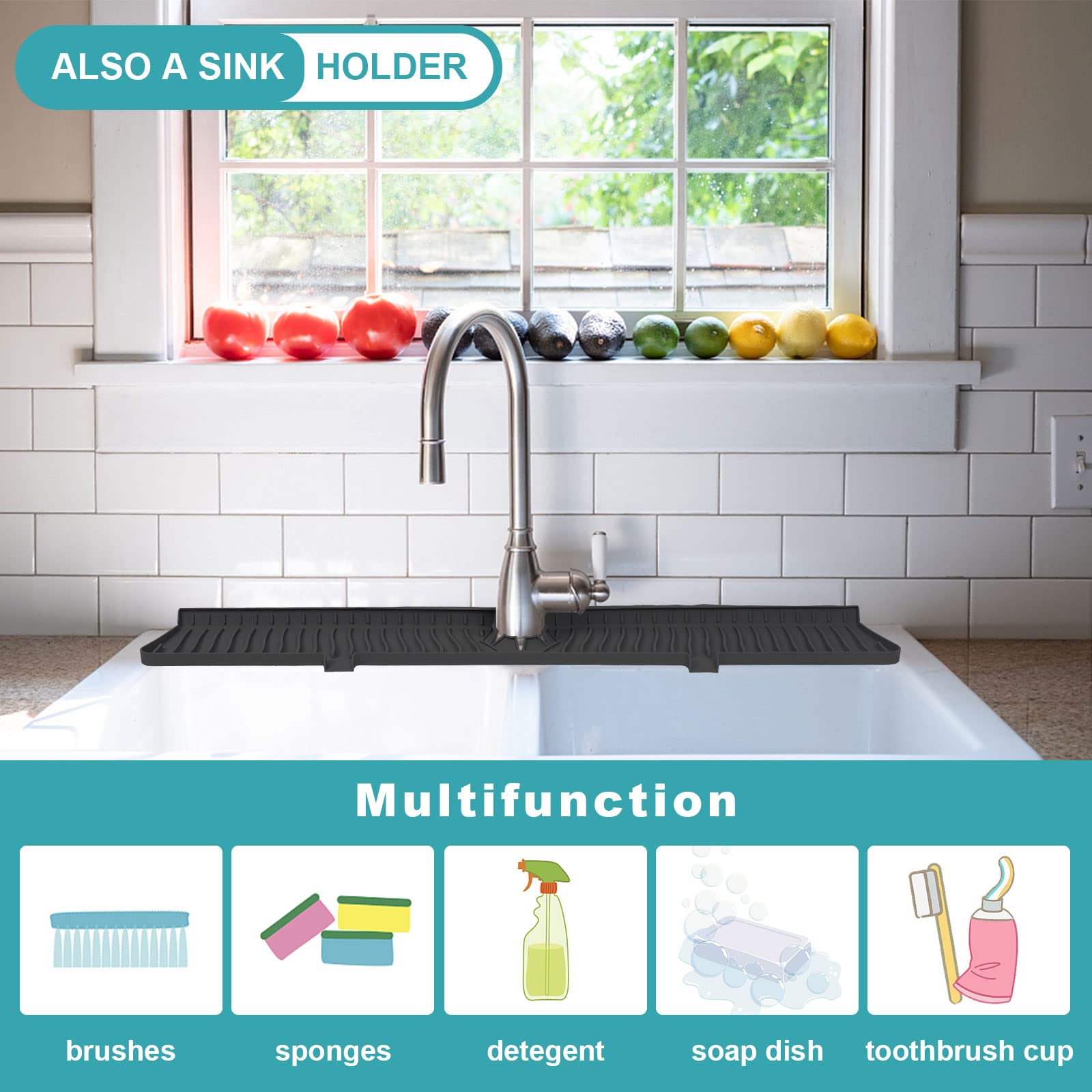 30 Inch Silicone Sink Splash Guard Mat - Non-Slip Faucet Drip Catcher Tray for Kitchen & Bathroom | Dish Drying Mat, Sponge Holder & Countertop Protector (Black) | Perfect for Preventing Water Spills While Washing Dishes or Brushing Teeth
