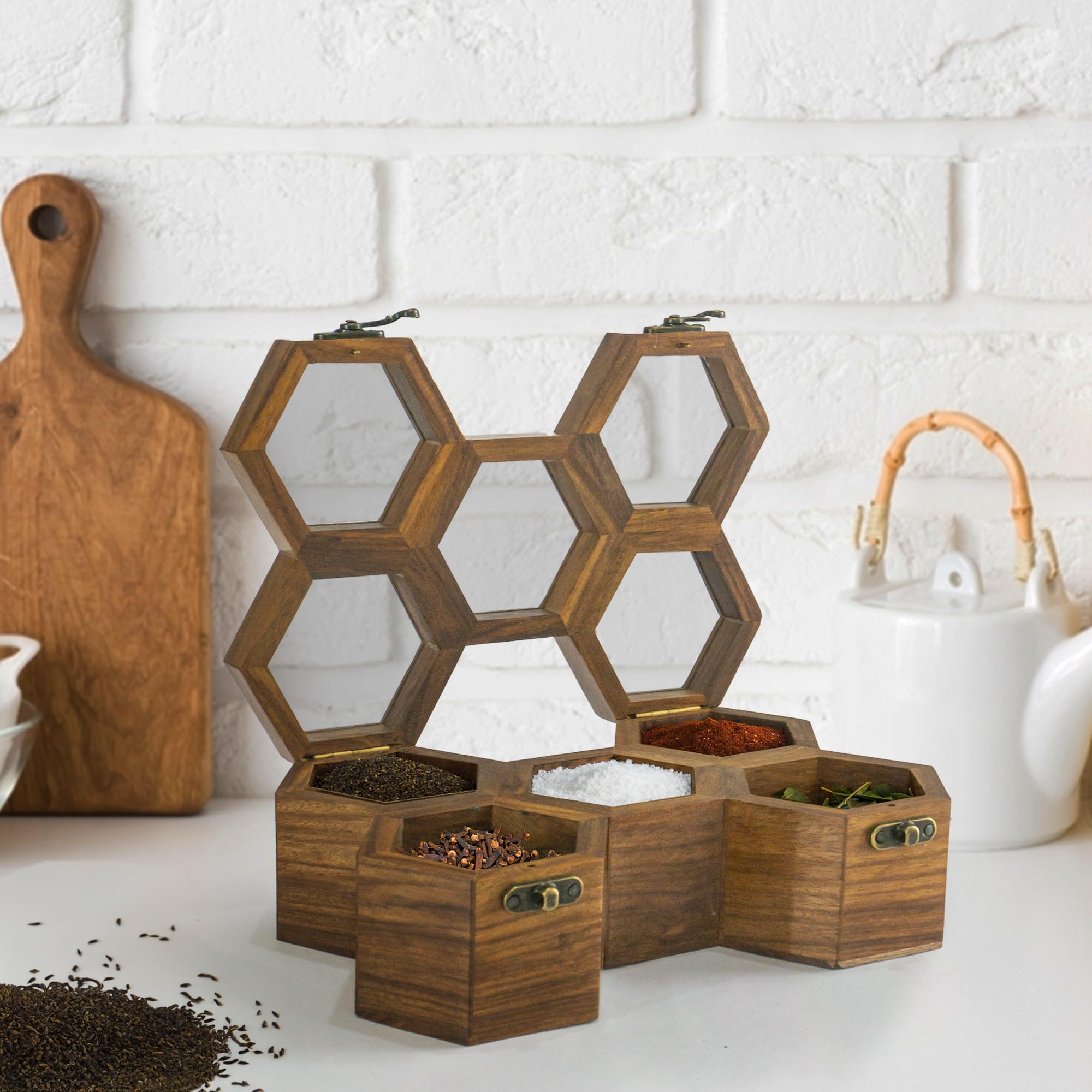 Premium Wooden Spice Box Set - 12 Compartment Indian Masala Dabba with Spoons | Handcrafted Kitchen Storage for Spices, Herbs & Seasonings | Perfect for Cooking, Gifting & Home Decoration (Honeycomb Design, 5-Partition Option)