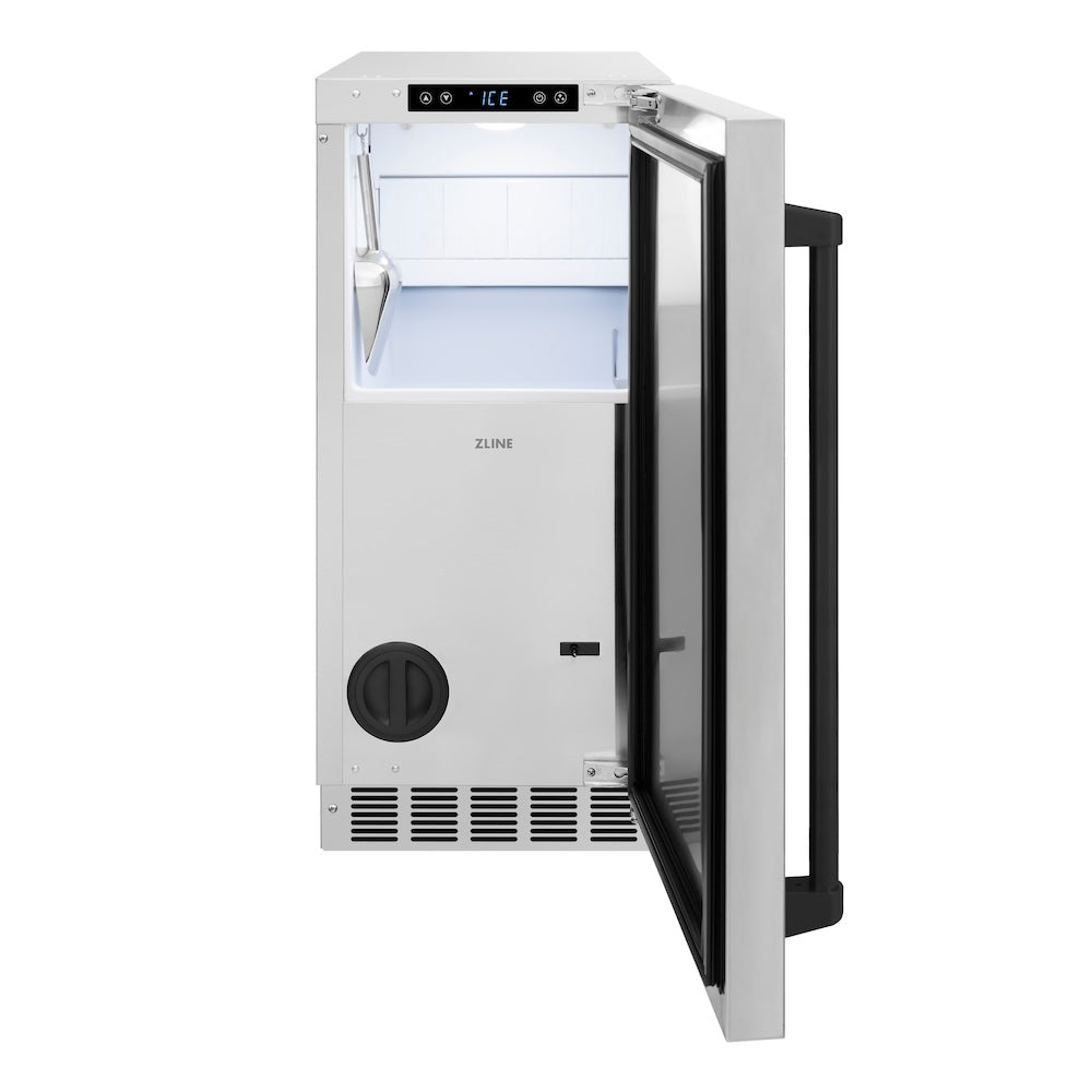 ZLINE Autograph Edition 15 Inch Stainless Steel Built-In Ice Maker with Drain Pump - Matte Black Handle Commercial Ice Machine for Restaurants, Bars, and Home Kitchens (IGMDZ ST 15 MB)