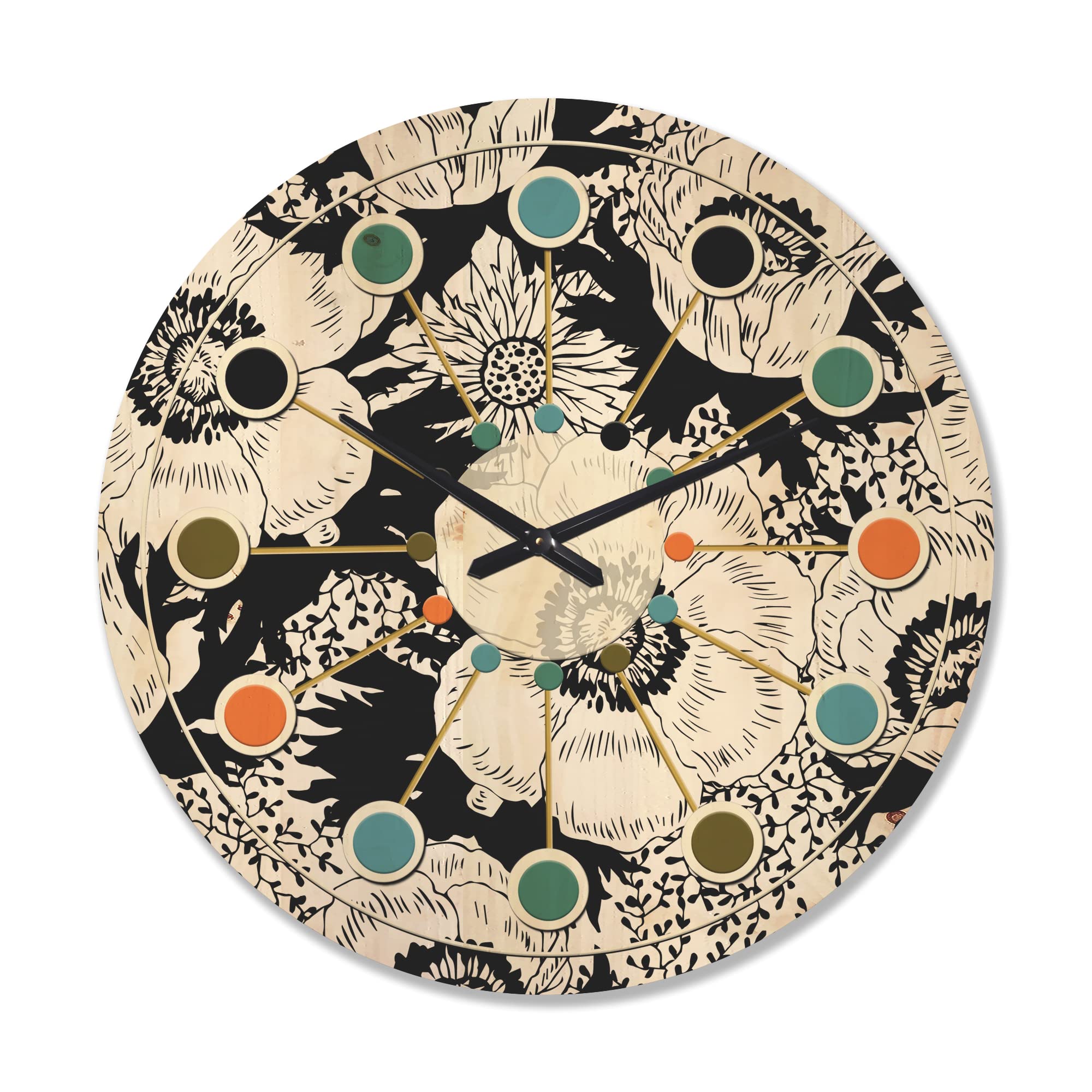 Vintage Black and White Floral Wall Clock - Large Mid-Century Modern Wooden Clock for Living Room, Bedroom & Office Décor - Retro Oversized Decorative Clock for Home & Office Spaces