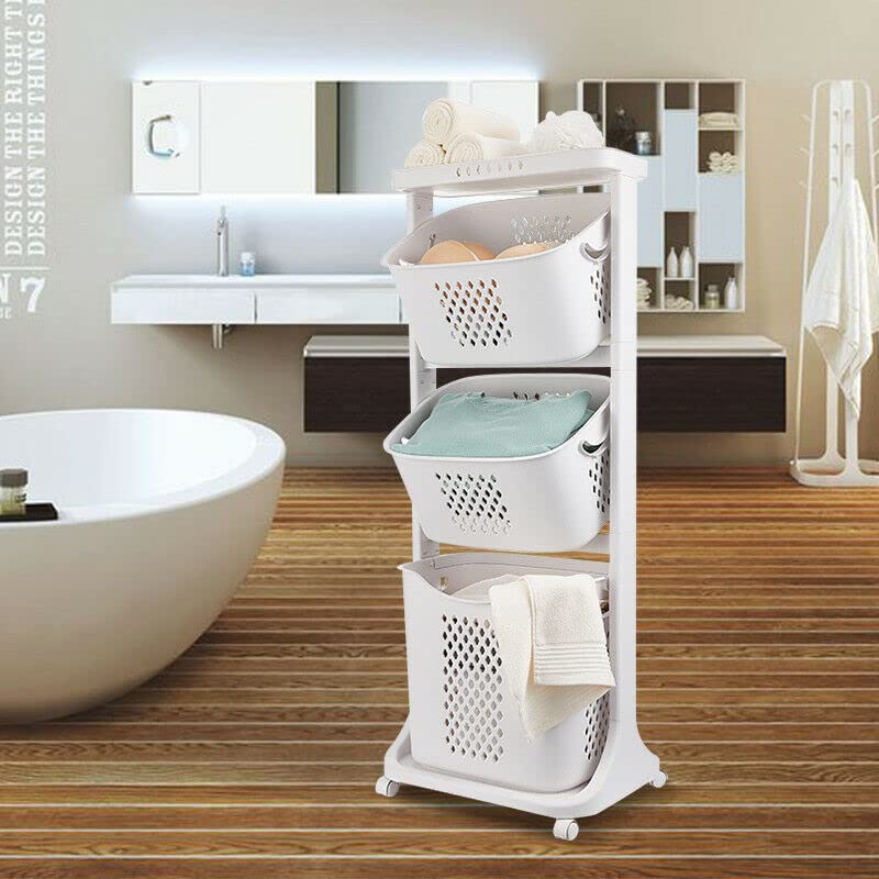 3-Tier Bamboo Laundry Basket with Wheels & Removable Storage Bins - Freestanding Clothes Hamper Organizer for Bedroom, Bathroom & Laundry Room - Easy Sorting & Storage Solution for Washing Clothes