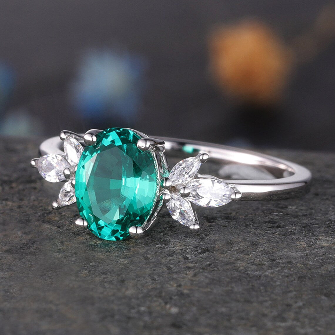 Oval Cut Emerald Moissanite Engagement Ring with Cluster Diamonds - Perfect for Wedding Proposals & Anniversary Gifts