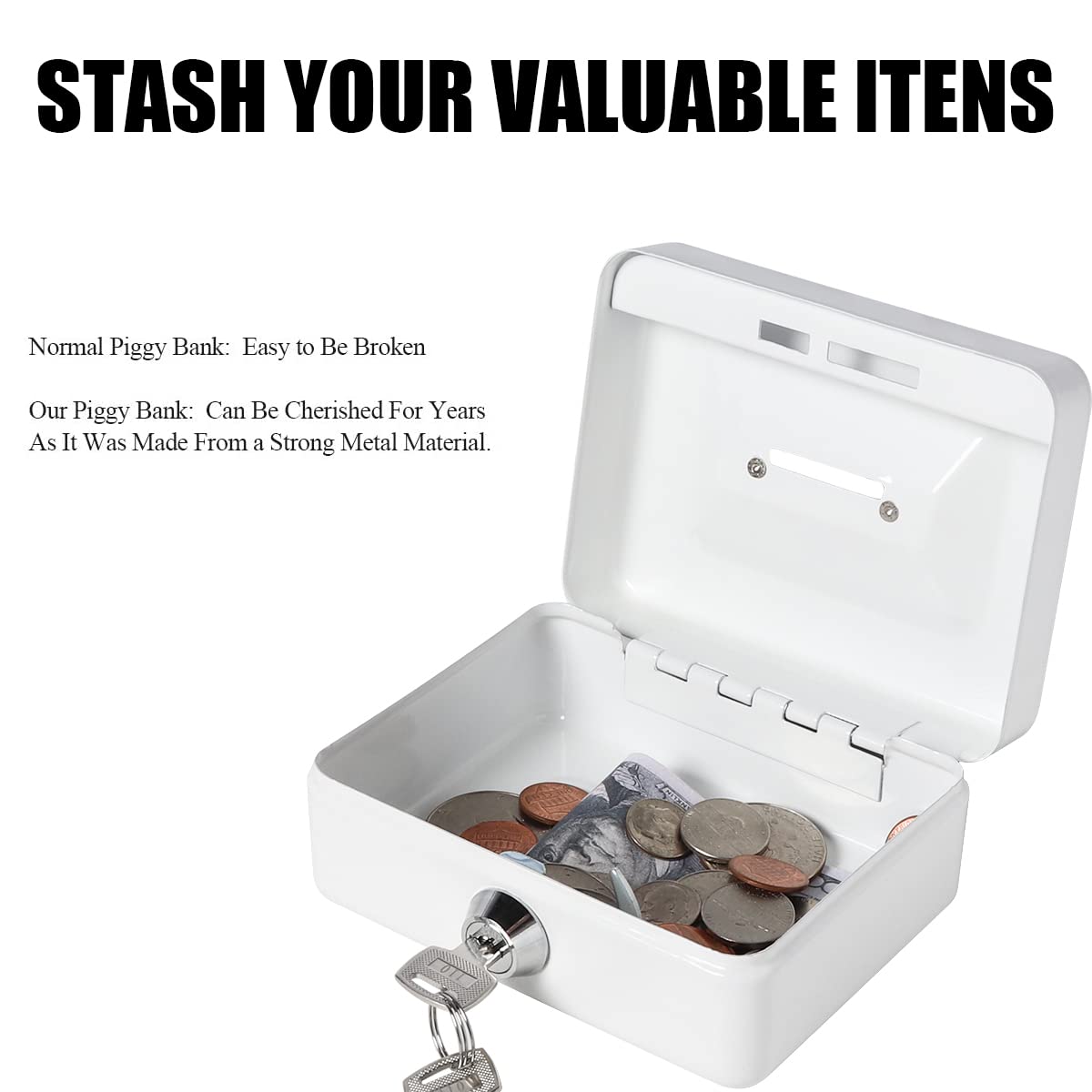 Jssmst Small Lock Cash Box with Key Lock & Money Slot - Secure Money Box for Kids, Home, Office & Retail Use - Durable White Locking Storage Box for Cash, Coins & Valuables