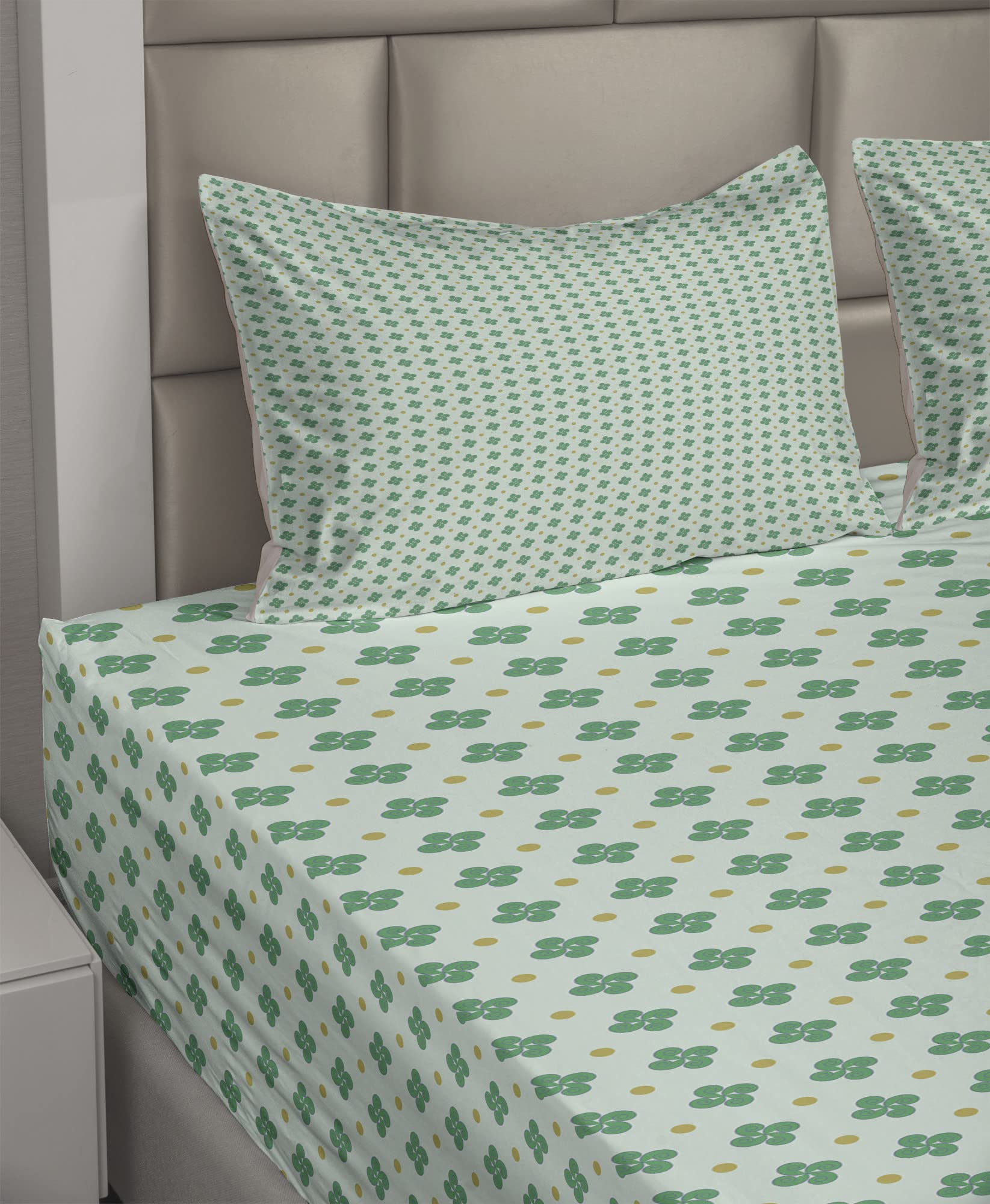 Ambesonne Floral Sheet Set - Modern Polka Dots & Shamrock Leaves Design, 4-Piece King Size Bedding Set with Fitted Sheet, Flat Sheet & Pillowcases in Mint Green Khaki | Perfect for Guest Rooms, Master Bedrooms & Bohemian Home Decor
