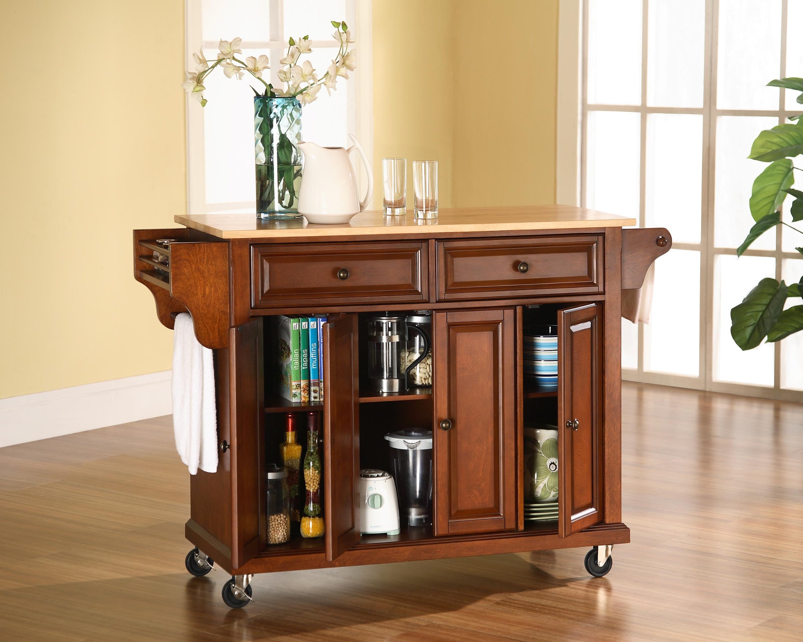 Crosley Full Size Wood Top Rolling Kitchen Island Cart with Storage - Microwave Stand, Spice Rack, Cherry Finish - Perfect for Small Kitchens, Pantry Organization & Extra Counter Space