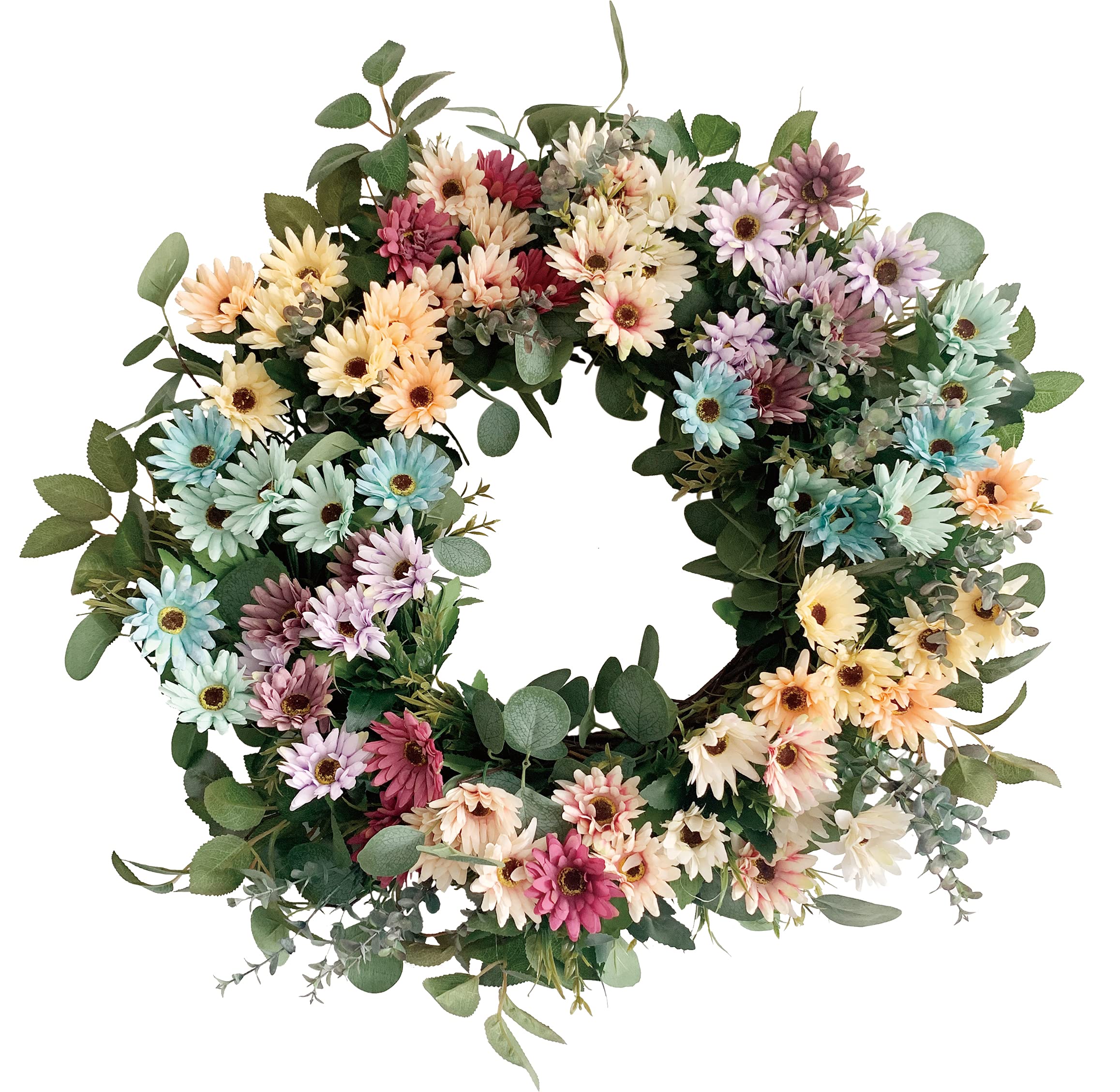 26 Inch Artificial Cosmos Daisy Flower Wreath - Colorful Spring Summer Door Wreath with Grapevine Base for Front Door, Window Decor - Perfect for Home, Wedding, Festival & Holiday Decorations