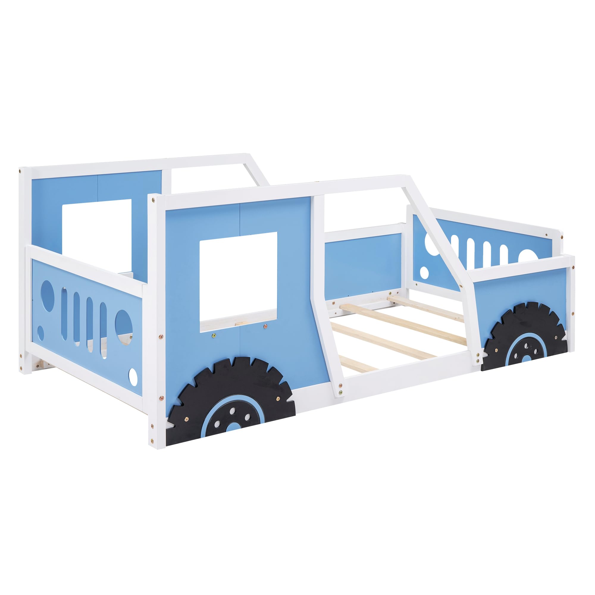 Wooden Twin Size Car-Shaped Floor Bed with Wheels, Doors & Windows - Sturdy Slat Support Platform Bed for Kids Boys & Girls (Blue) - Perfect for Playrooms, Bedrooms & Themed Kids' Spaces
