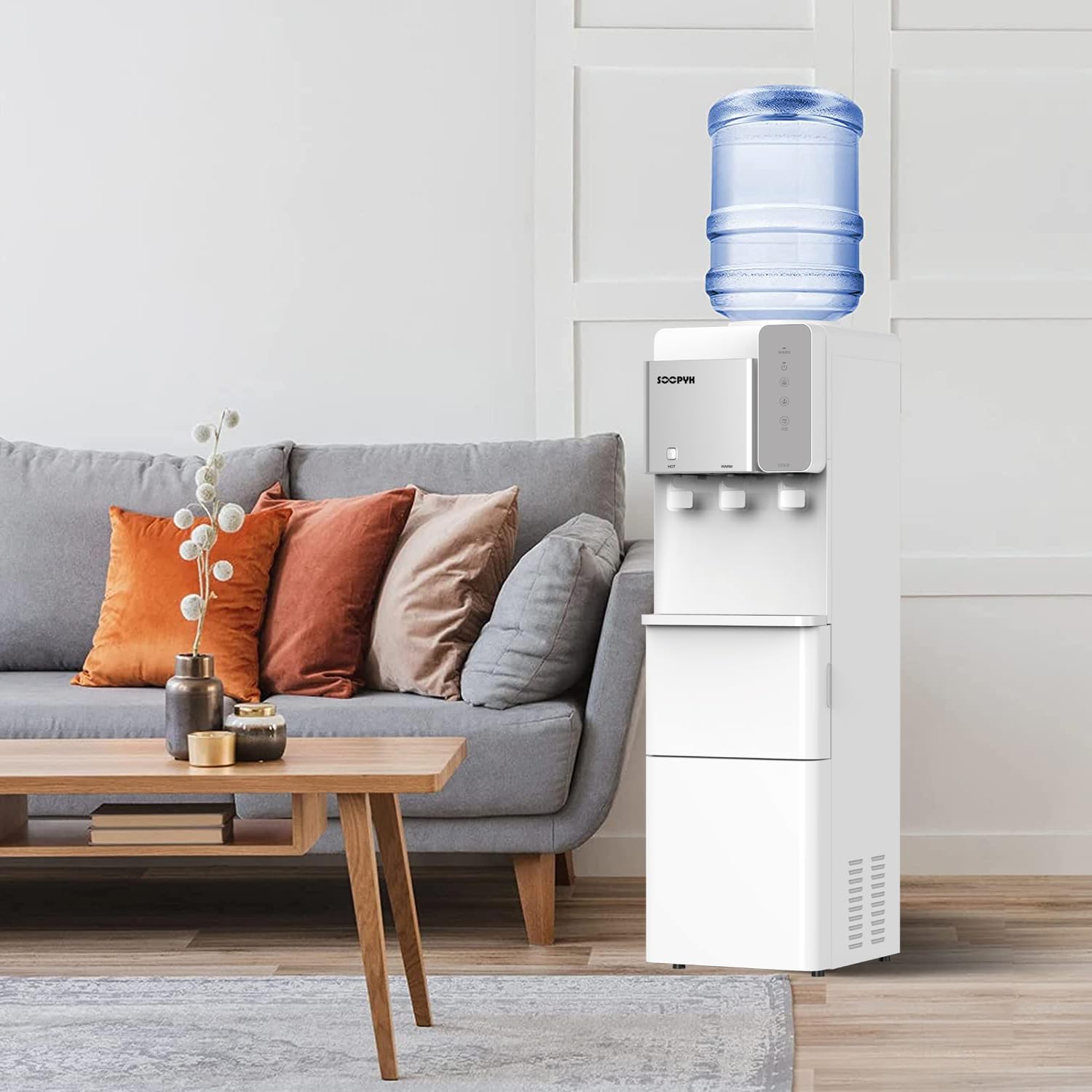 Top Loading Water Cooler Dispenser with Ice Maker - 3/5 Gallon Capacity, 3 Temperature Settings, 27 lbs Ice Production in 24 Hours, Makes 9 Ice Cubes Every 5-7 Minutes (White) - Perfect for Offices, Homes, and Commercial Spaces