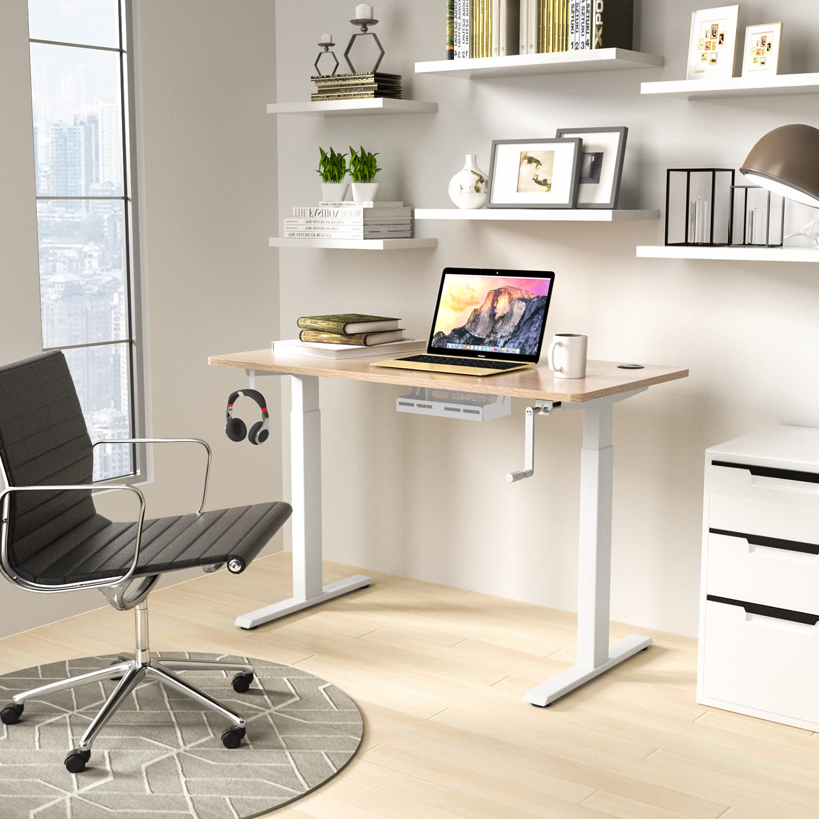 COSTWAY Manual Crank Standing Desk Frame - Adjustable Sit to Stand Workstation Base with Ergonomic Foldable Handle, Cable Management & Hook | Home Office, Study, Workspace (White)