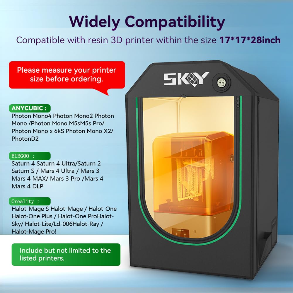 Dustproof Resin 3D Printer Enclosure with Ventilation Kit - LED Light & Thermo-Hygrometer - Odor Eliminator & Noise Isolator for Anycubic, Elegoo, Creality LCD UV 3D Printers - Perfect for Home Studios & Workshop Safety