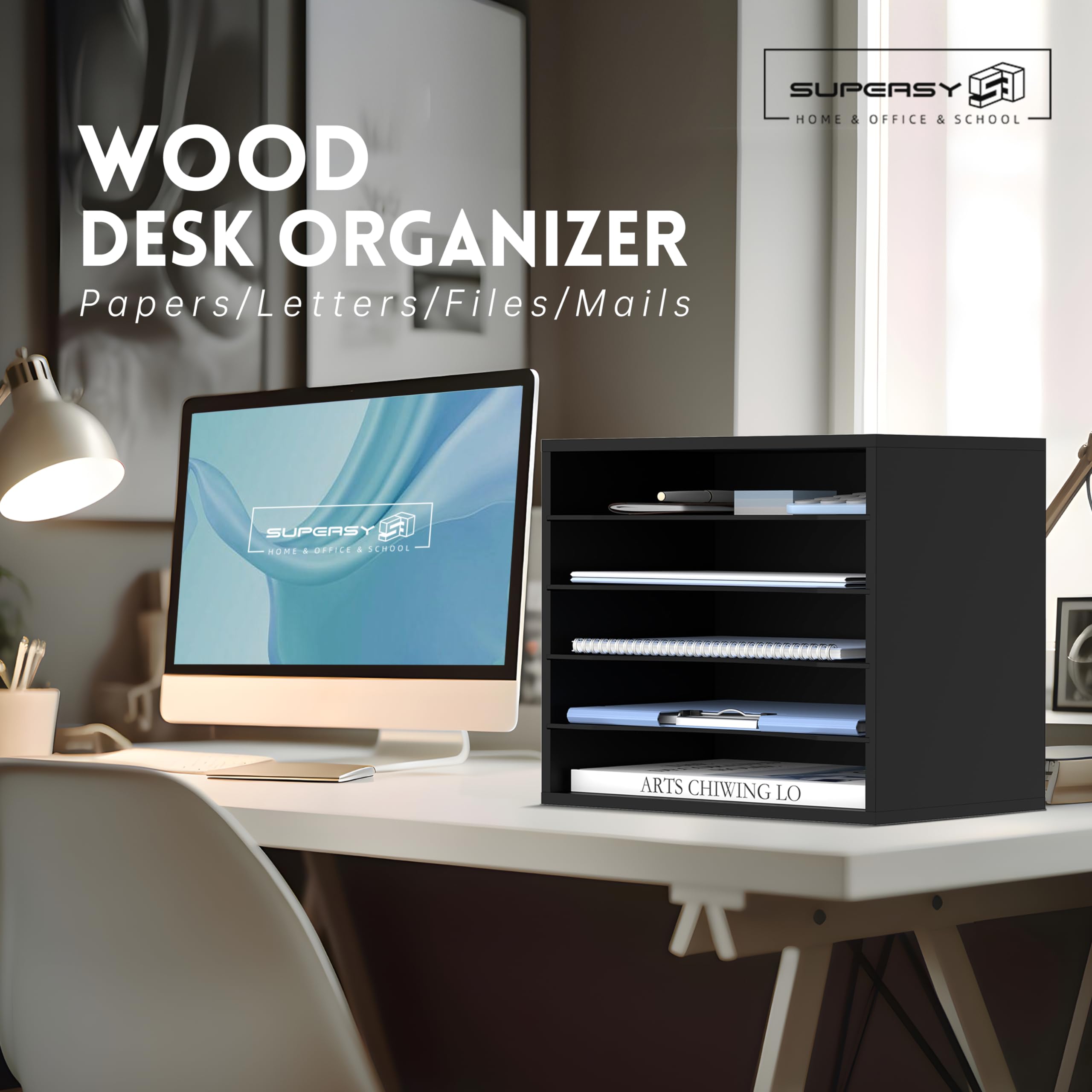 SUPEASY 5-Tier Wooden Desk Organizer - Black Paper File & Mail Sorter for Office, School & Home - Desktop Letter & Literature Organizer for Workspace Organization & Productivity