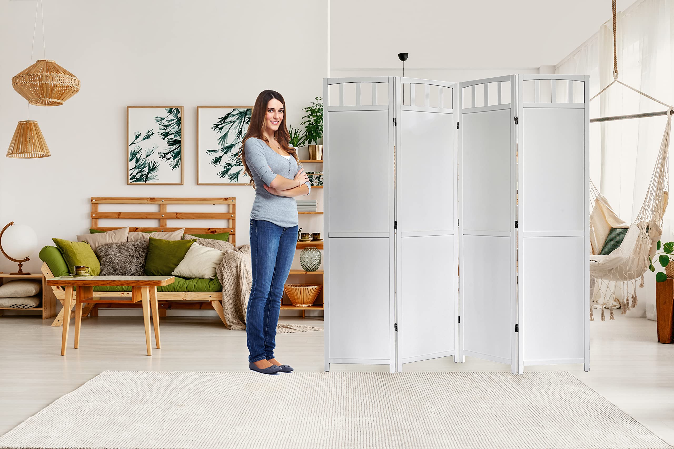 Legacy Decor 4-Panel Solid Wood Privacy Screen Room Divider - 5.6’ Tall White Finish for Home Office, Bedroom & Living Room Separation