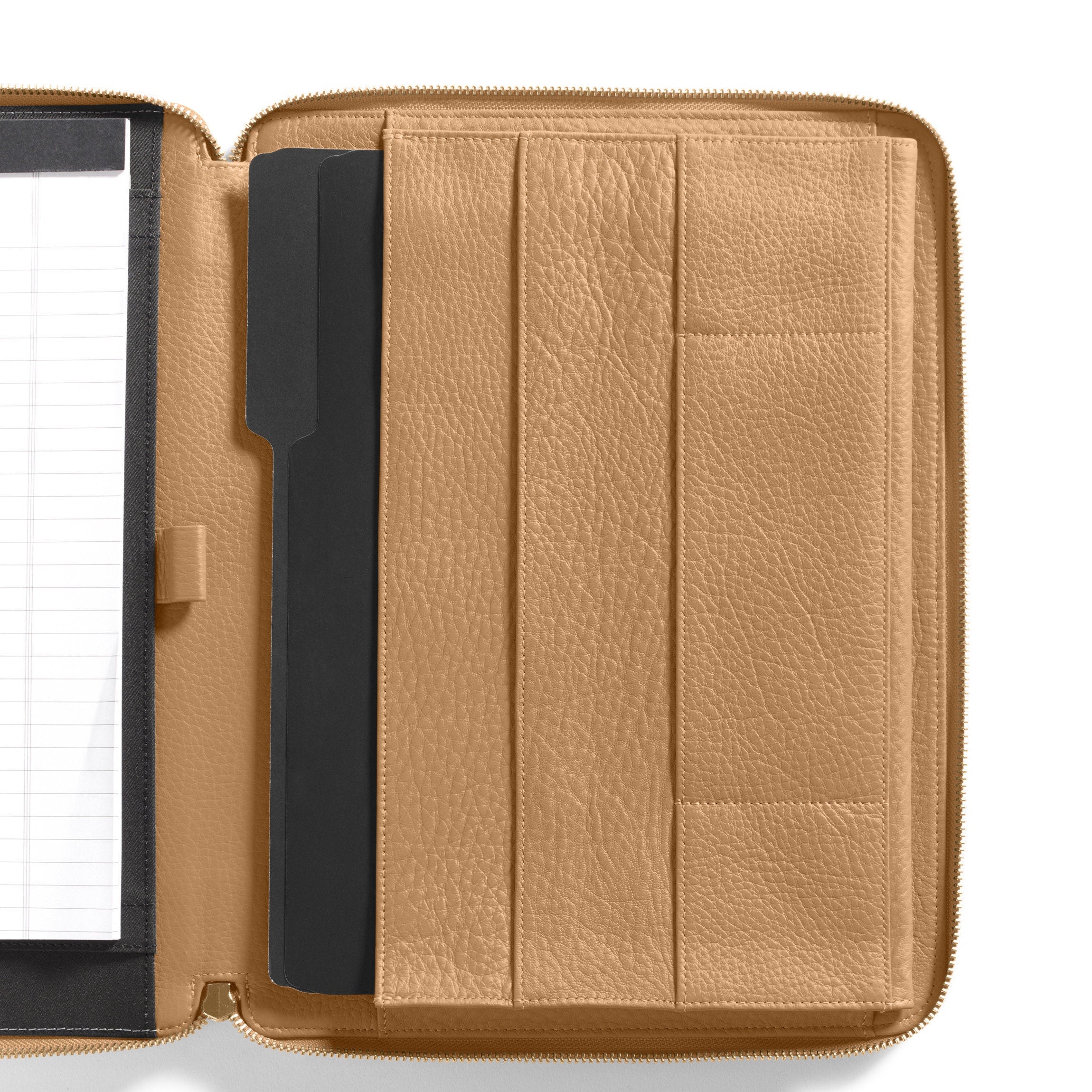 Left Handed Executive Zippered Leather Portfolio in Camel Color - Perfect for Business Meetings, Interviews & Professional Presentations