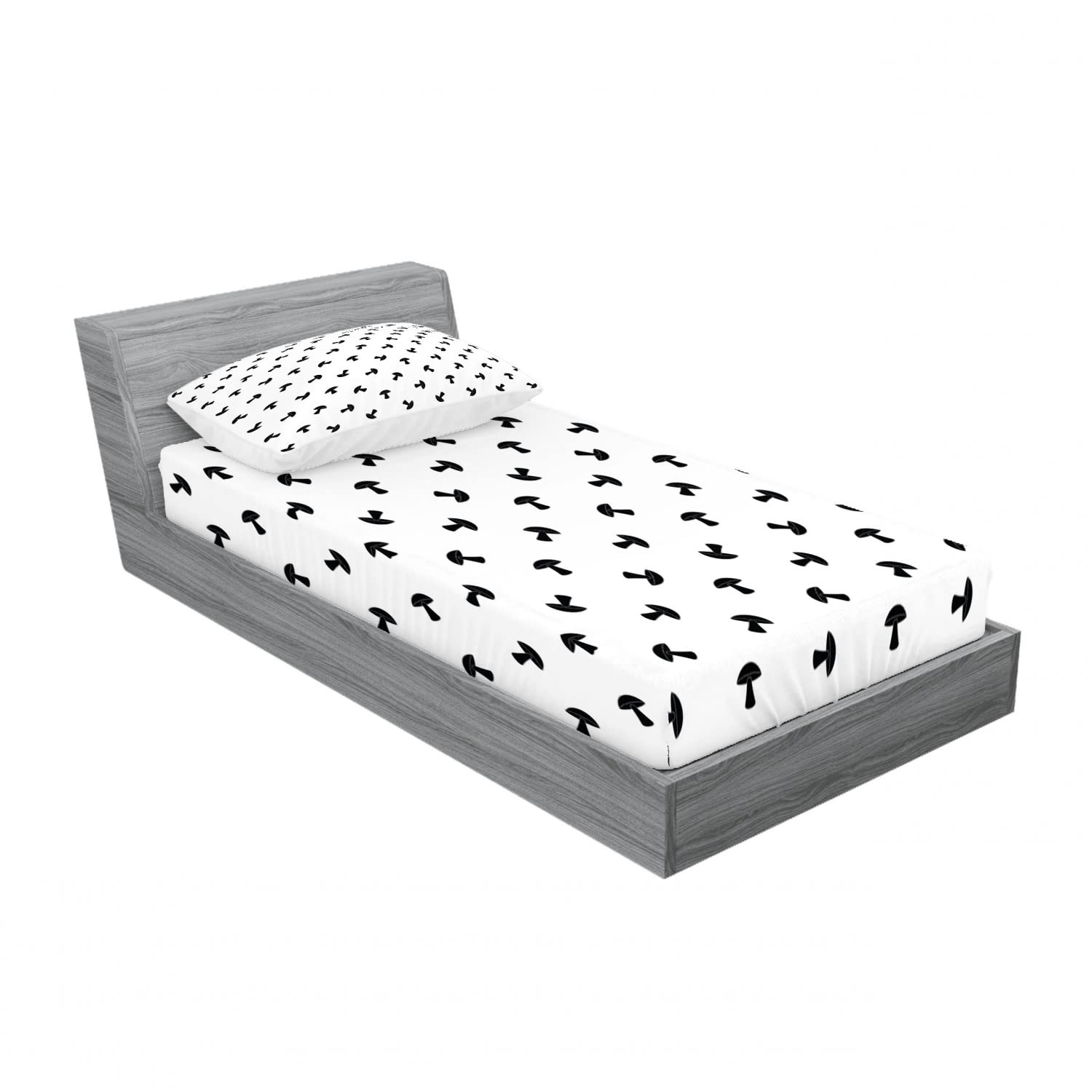 Ambesonne 2-Pack Twin Fitted Sheet & Pillow Sham Set - Monochrome Woodland Mushroom Design - 4-Piece Bedding Set (2 Fitted Sheets + 2 Pillow Covers) - White & Black - Perfect for Kids Rooms, Cabin Decor & Nature-Themed Bedrooms