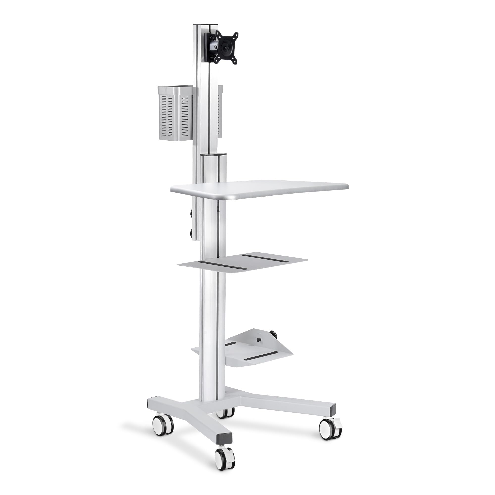 Adjustable Rolling Computer Cart with Monitor Mount & Keyboard Tray - Mobile Standing Workstation for PC, TV & Printer - Portable CPU Holder with Wheels for Home Office, Meetings & Shop Use - Silver (Ideal for Small Spaces & Shared Workspaces)