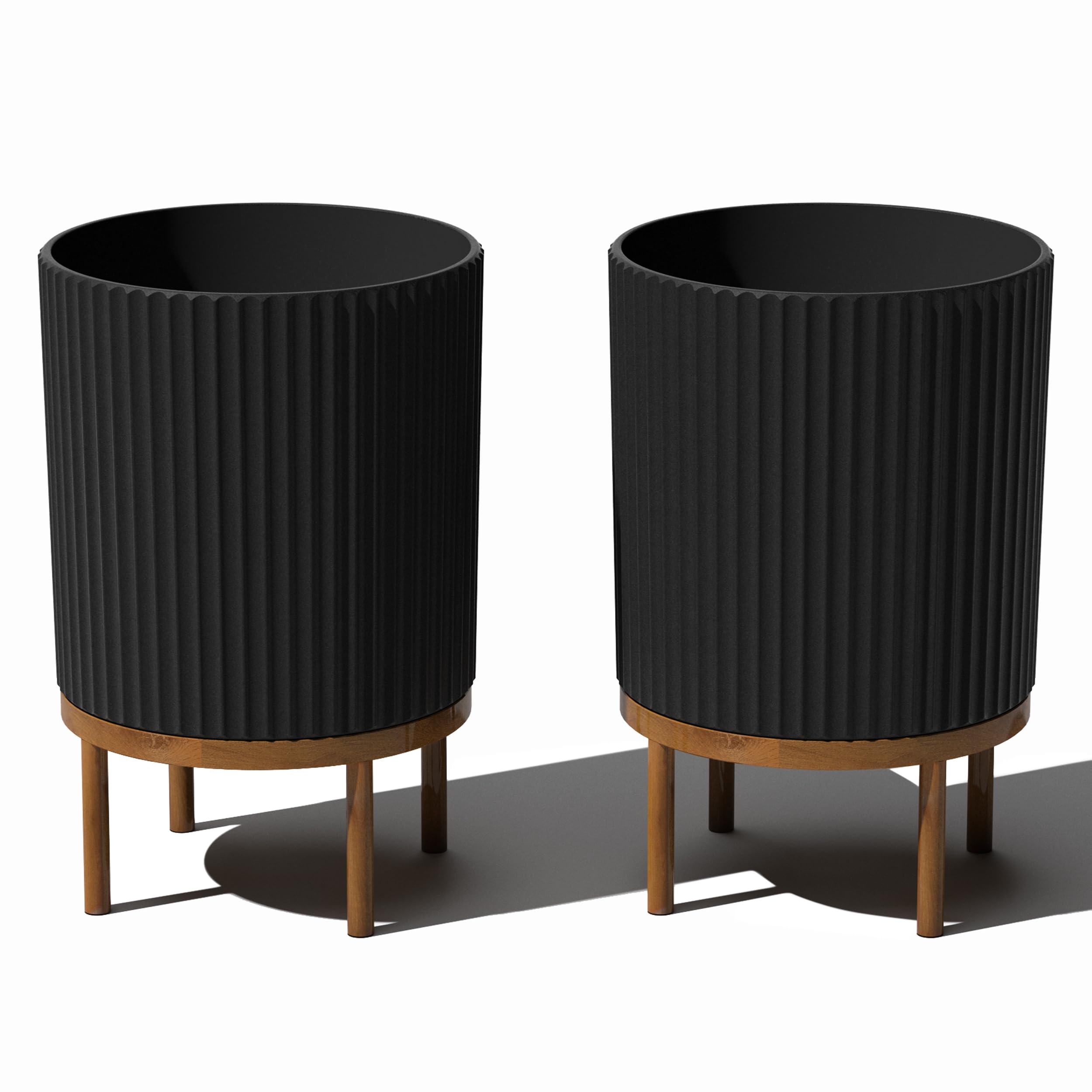 Veradek Demi Series Round Planter with Stand - Durable Plastic-Concrete & Wooden Base for Outdoor Decor - Modern Large Planters for Tall Plants, Flowers, Succulents - Perfect for Porch, Patio, Garden and Home Decor