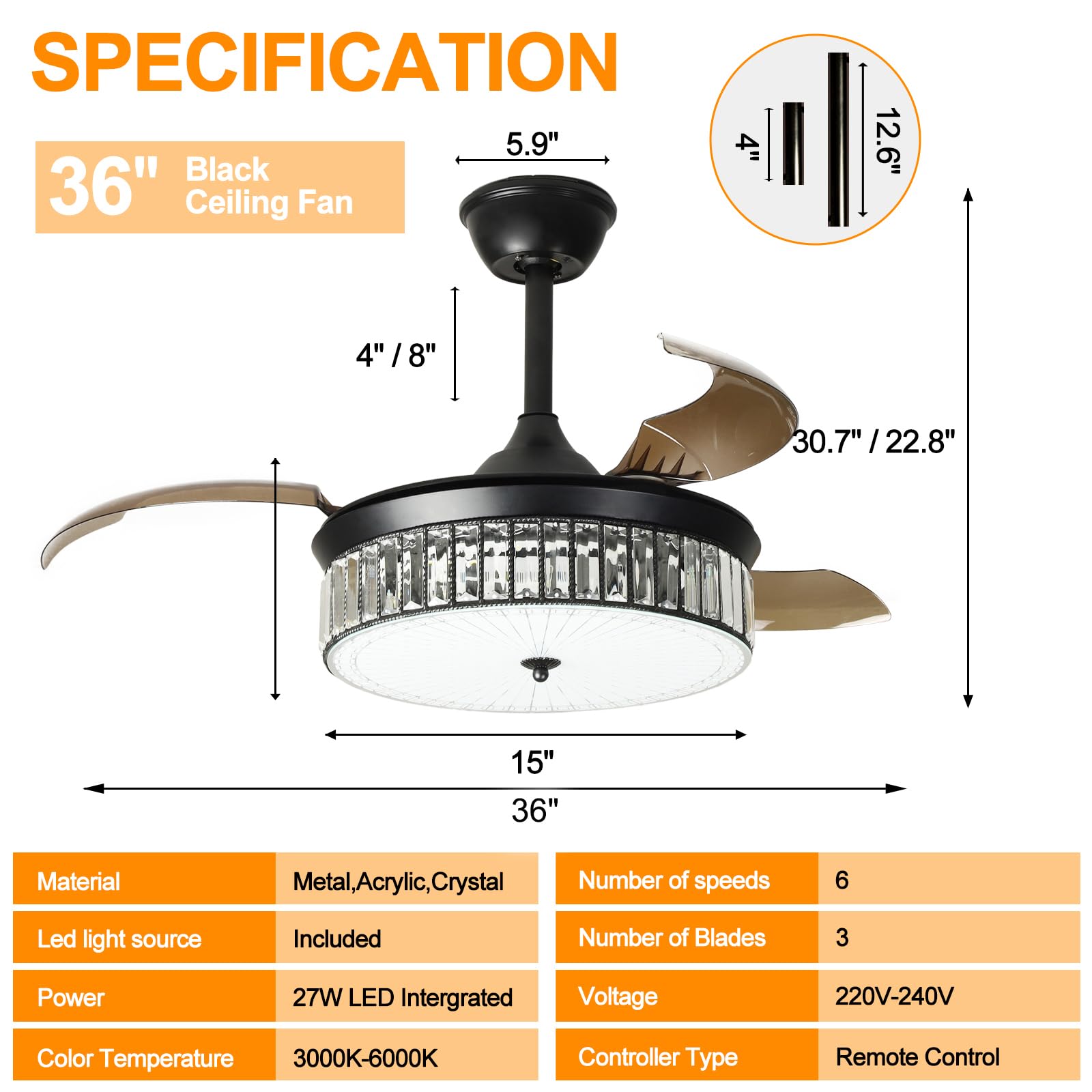 Depuley 36 Inch Crystal Ceiling Fan with Light, Reversible Retractable Blade 6-Speed LED Ceiling Fan with Remote Control - Perfect for Bedroom, Living Room, and Home Office