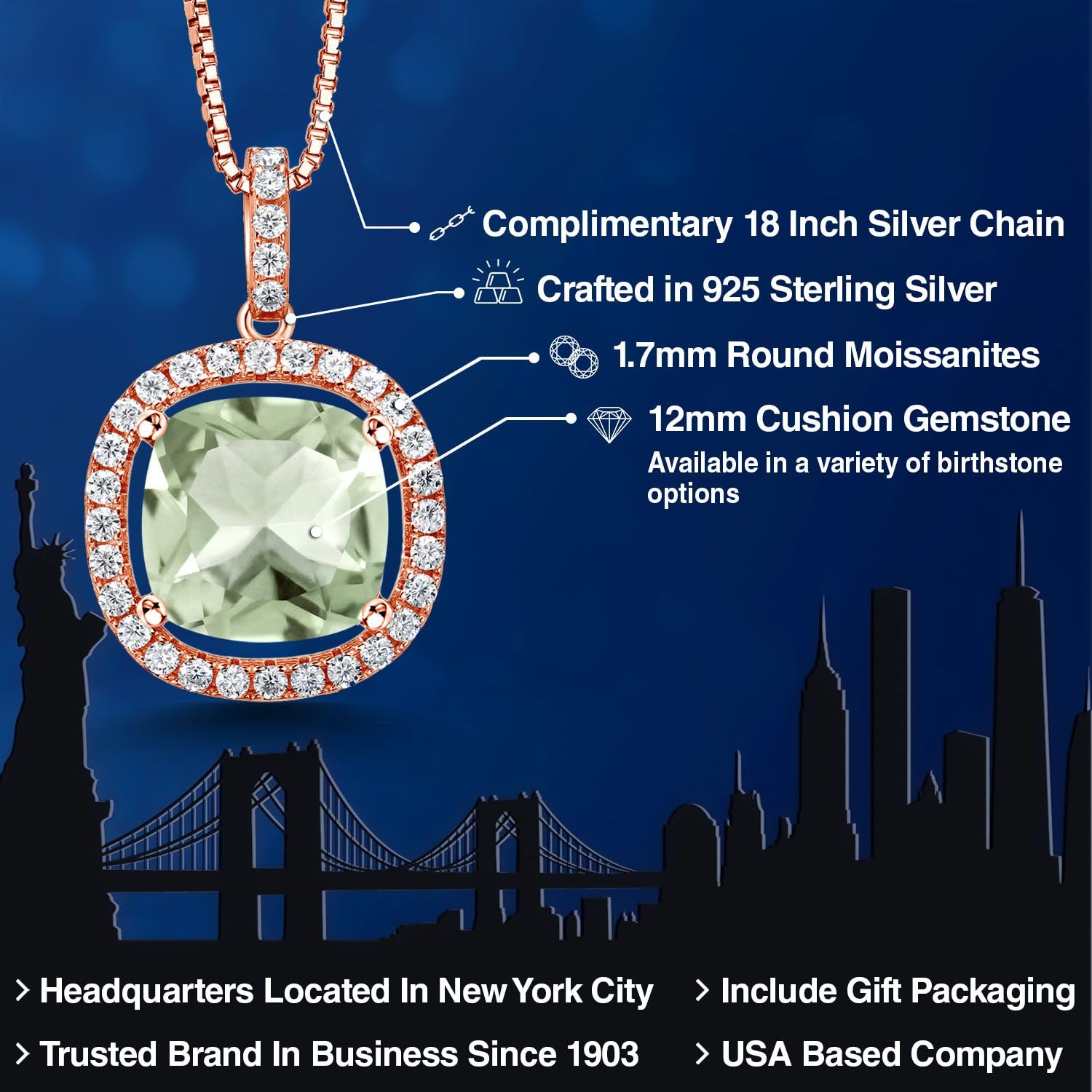 18K Rose Gold Plated Silver 12MM Cushion Birthstone & White Moissanite Necklace for Women | Halo Pendant with 18