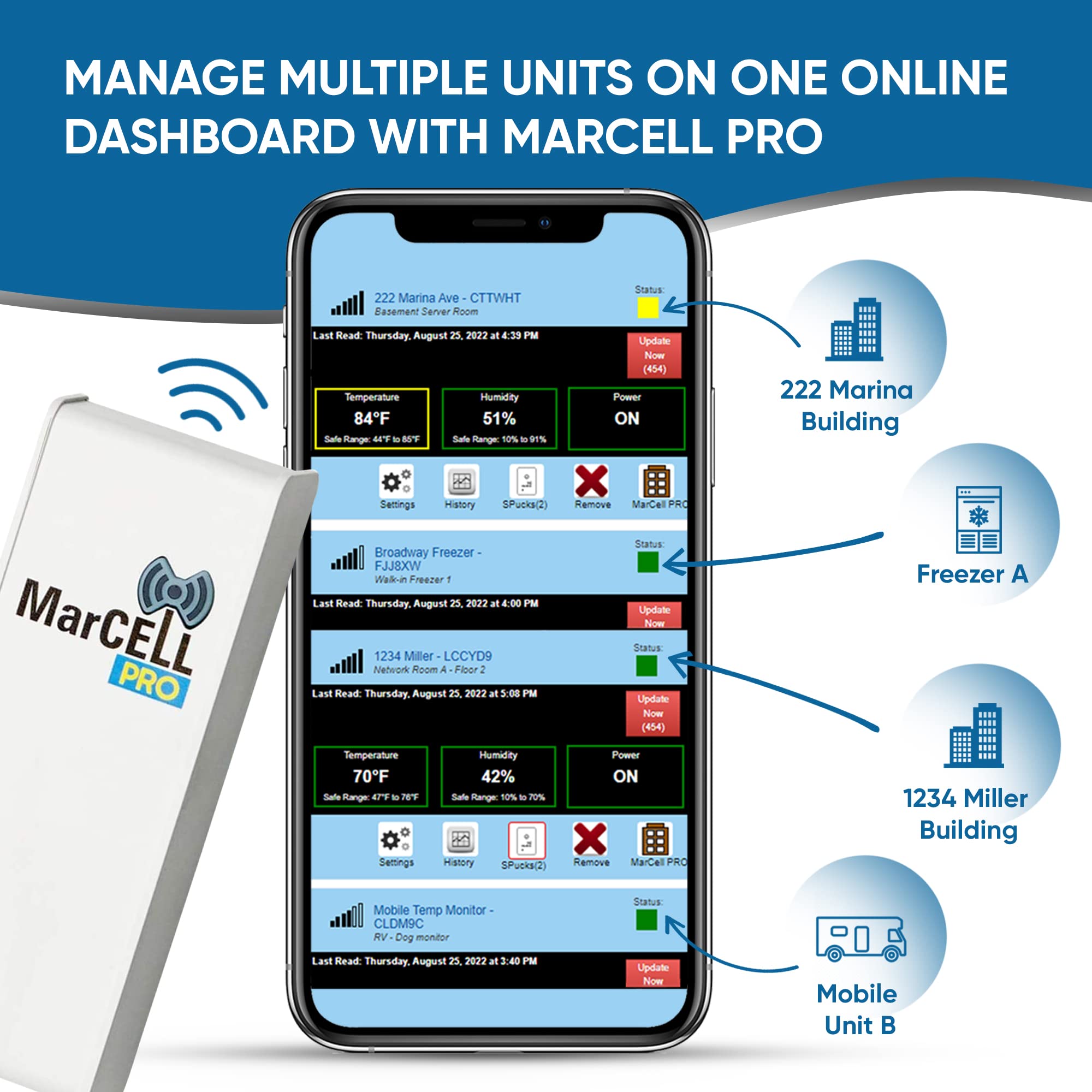 MarCELL PRO - Professional Remote Temperature & Humidity Monitor with Power Monitoring - No WiFi Required (Verizon Network) - Real-Time Phone Call Alerts - Ideal for RV, Server Room, Freezer, Home & Office Use - Made in USA