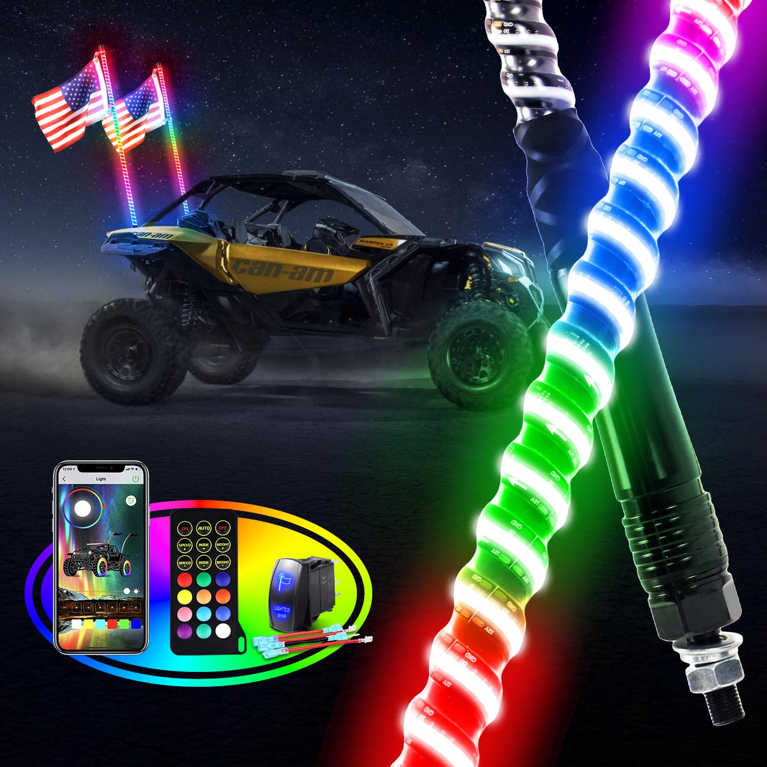 2PCS 3FT COB Whip Lights with Rock Switch - RGB Chasing LED Whip for UTV ATV RZR Polaris SXS Can-Am 4 Wheeler - App & Remote Control, Music Sync - Perfect for Off-Roading, Night Riding & Vehicle Customization