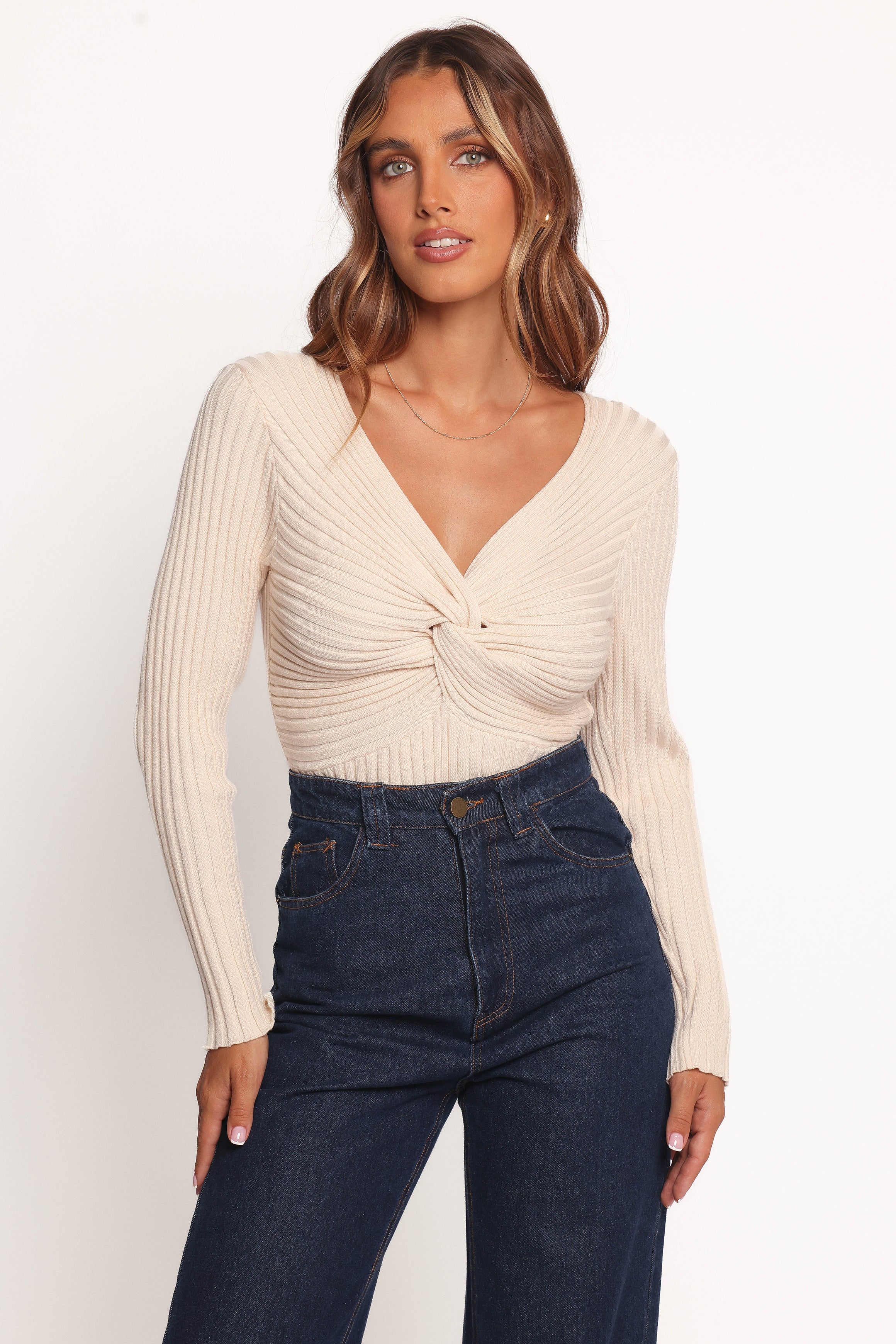Demi Twist Detail Knit Top Women's Casual Crewneck Sweater - Soft Cream Knit Shirt for Fall & Winter | Perfect for Office, Date Night & Layering