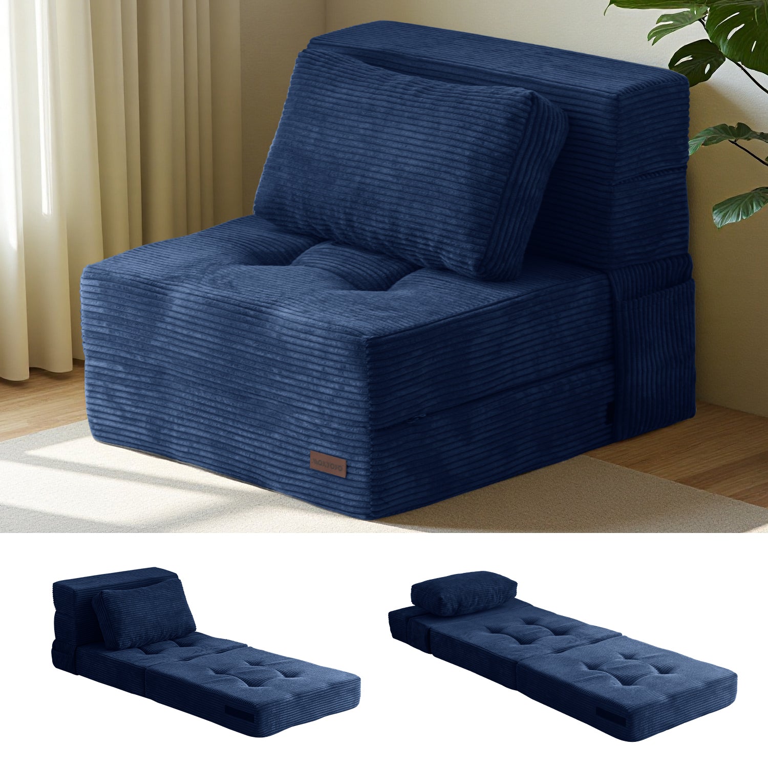 MAXYOYO 4-in-1 Convertible Sofa Bed Chair - Foldable Tufted Sleeper with Pillow, Navy Blue | Perfect for Small Spaces, Guest Rooms & Apartments