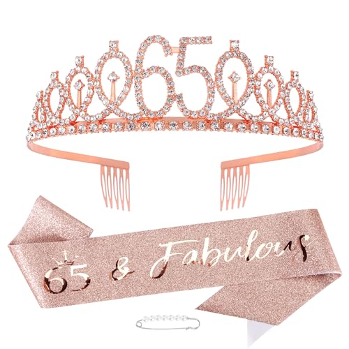 Vovii 65th Birthday Sash & Rose Gold Tiara Set - Elegant 65th Birthday Gifts for Women - Perfect for Birthday Parties, Milestone Celebrations & Special Occasions