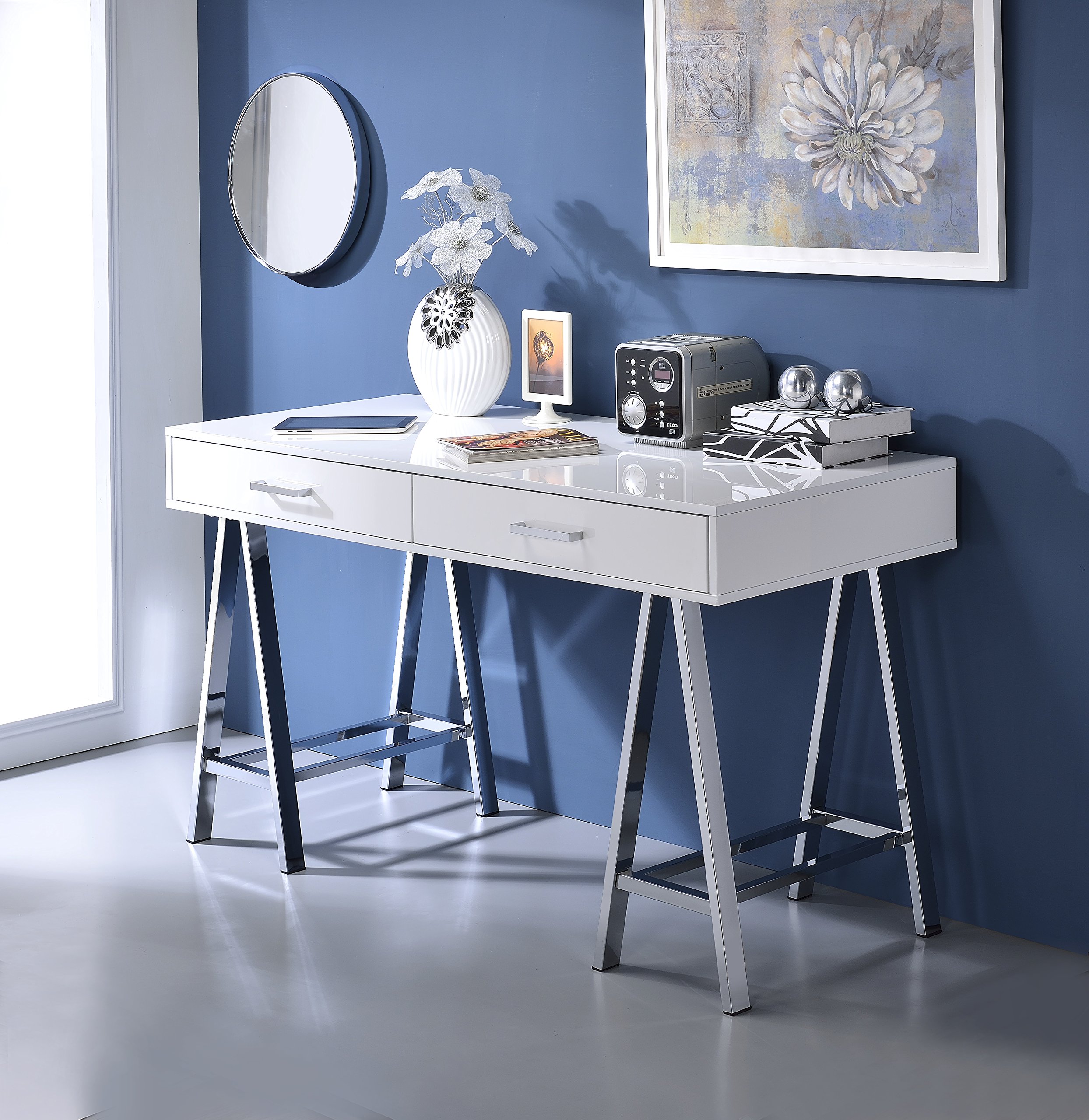 HABITRIO Modern Writing Desk - White Rectangular Home Office Table with 2 Storage Drawers & USB Port, High Gloss Workstation for Small Spaces | Perfect for Remote Work, Study & Crafting