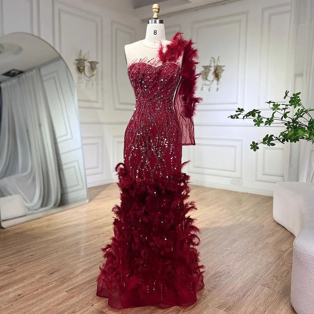 Elegant Arabic Wine Red Mermaid Evening Gown with Feathers & Beading - Luxury Women's Formal Dress for Weddings, Parties & Special Occasions - Perfect for 2025 Events & Red Carpet Glamour