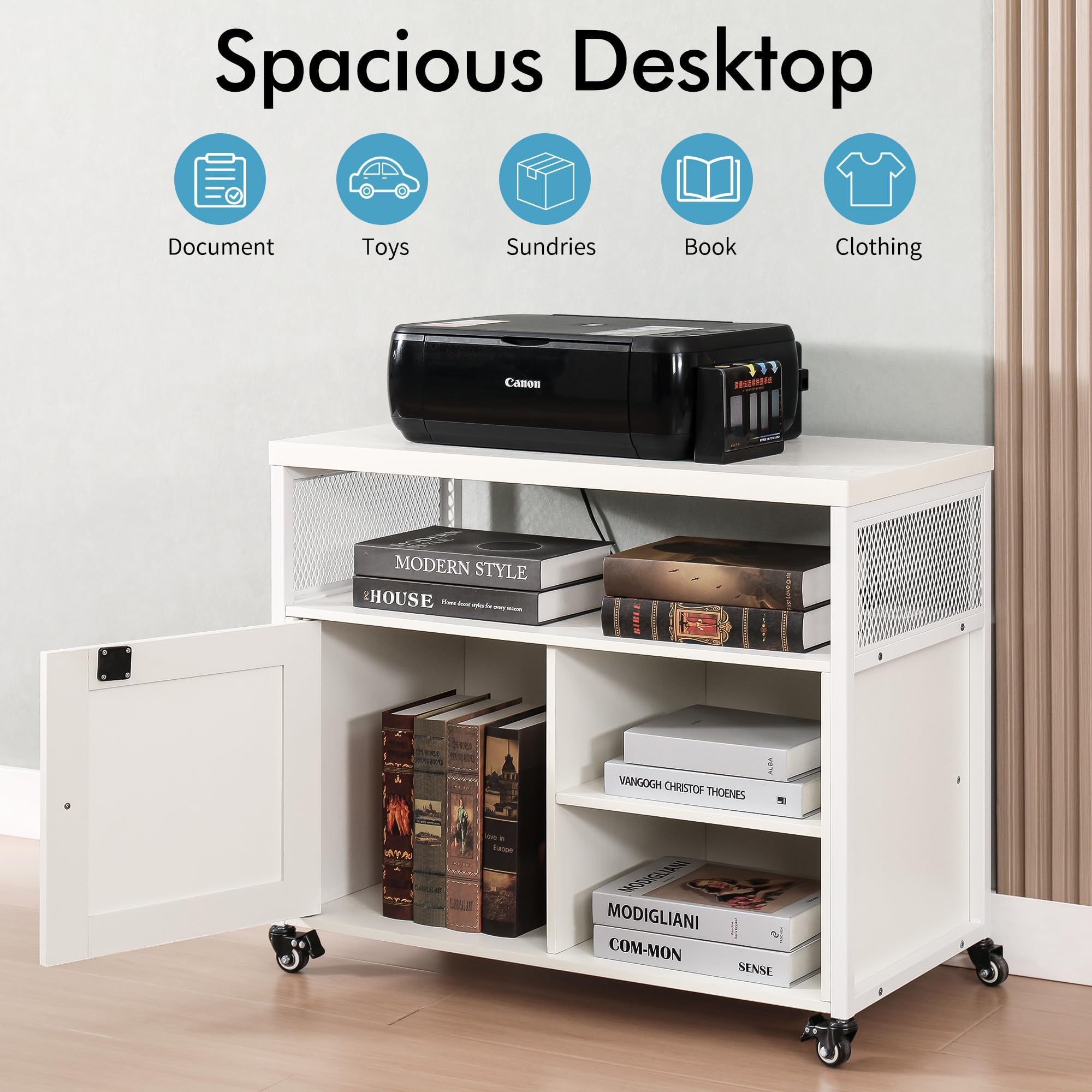 FUSUNBAO White Farmhouse Printer Stand with Storage - Rolling Printer Cabinet with Shelves, USB Charge Station, Locking Wheels & File Drawer - Home Office Storage Organizer for Printer, Scanner & Supplies (Perfect for Small Spaces & Workspaces)