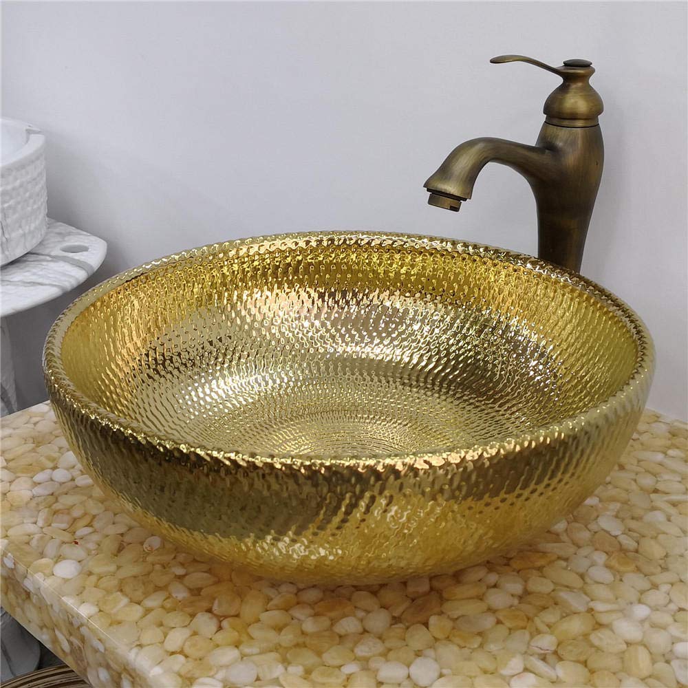 Vintage Ceramic Countertop Basin Sink - Gold Retro Style Above Counter Bathroom Wash Basin for Modern & Farmhouse Decor | Perfect for Powder Rooms, Guest Baths & Vanity Makeovers
