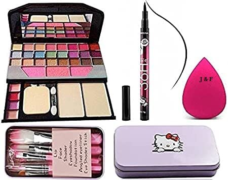 J & F 6155 Professional 36-Hour Waterproof Makeup Kit - 7 Pink Makeup Brushes Set with Multicolor Beauty Blender & Long-Lasting Eyeliner Pencil | Perfect for Daily Makeup, Party Looks and Professional Beauty Routines