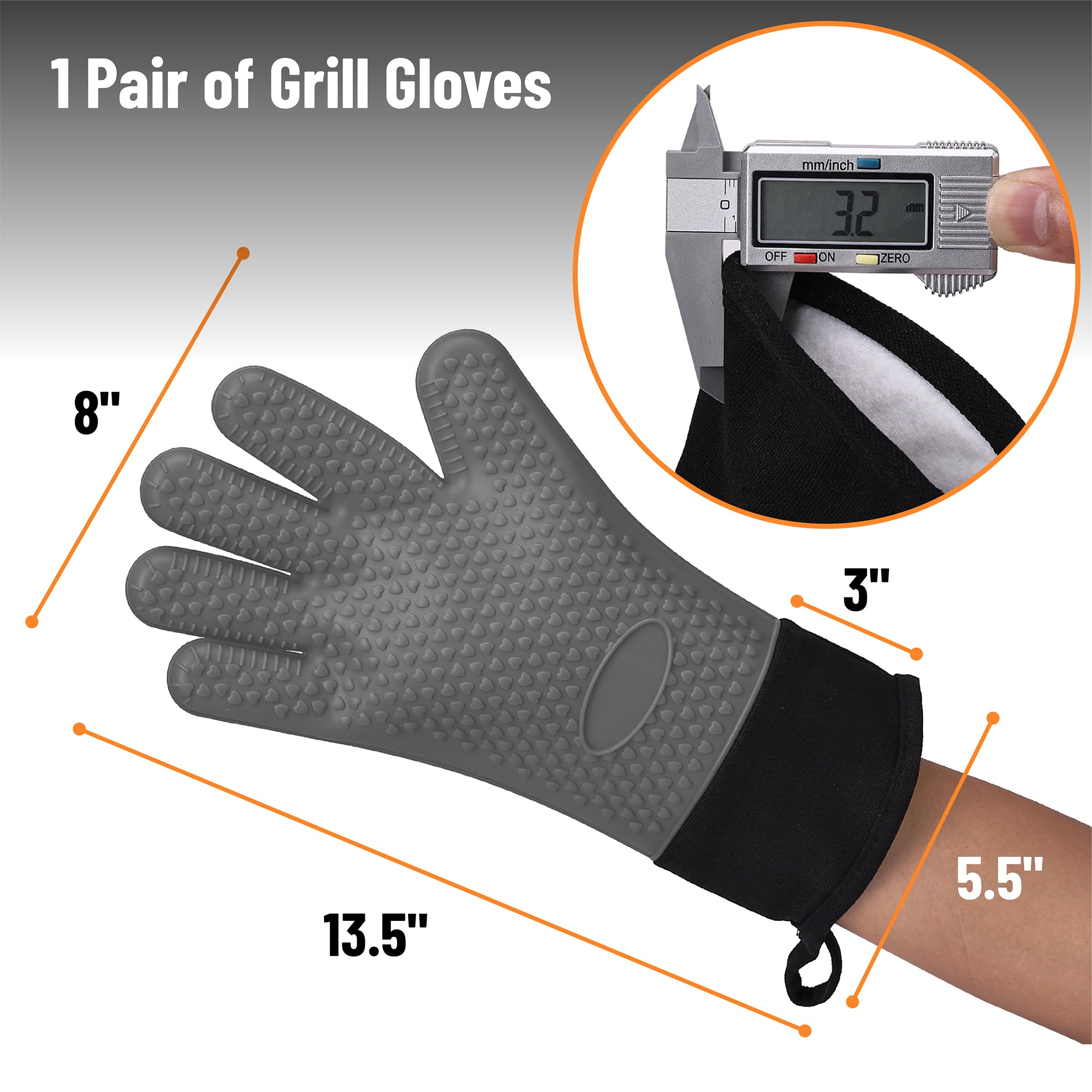 Heat Resistant BBQ Grill Gloves - Grey Silicone Oven Mitts for Grilling, Cooking & Baking - Perfect for Outdoor BBQ, Camping & Kitchen Use