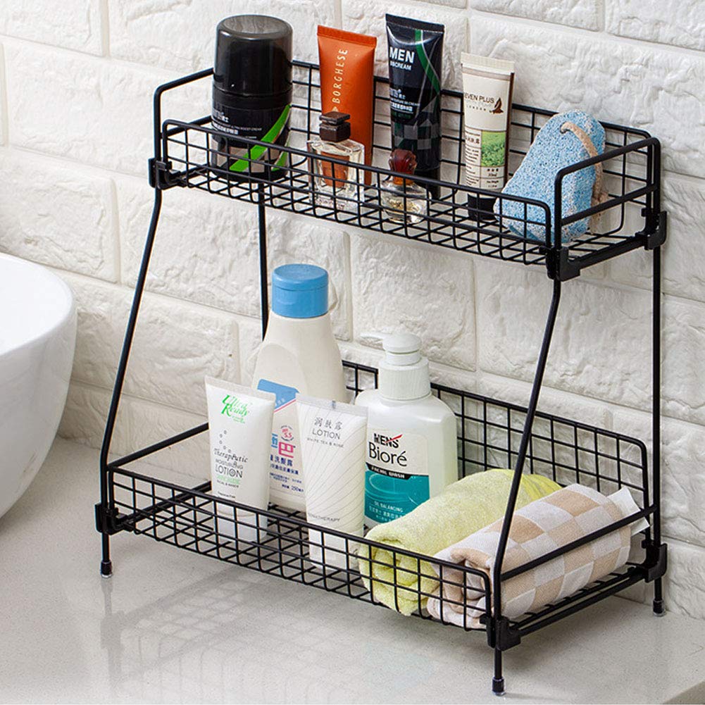 2-Tier Bathroom Countertop Organizer - Cosmetic & Makeup Organizer with Wire Shelves - Black Storage Basket for Bathroom, Vanity, Kitchen Counter - Perfect for Organizing Skincare, Makeup Brushes and Kitchen Utensils