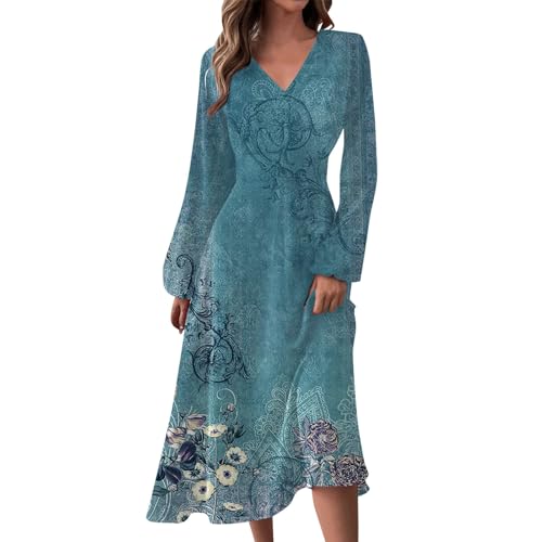 Boho Floral Print Wrap Maxi Dress for Women - Long Sleeve V-Neck Ruffle Belted A-Line Flowy Dress for Casual, Beach, and Party Wear