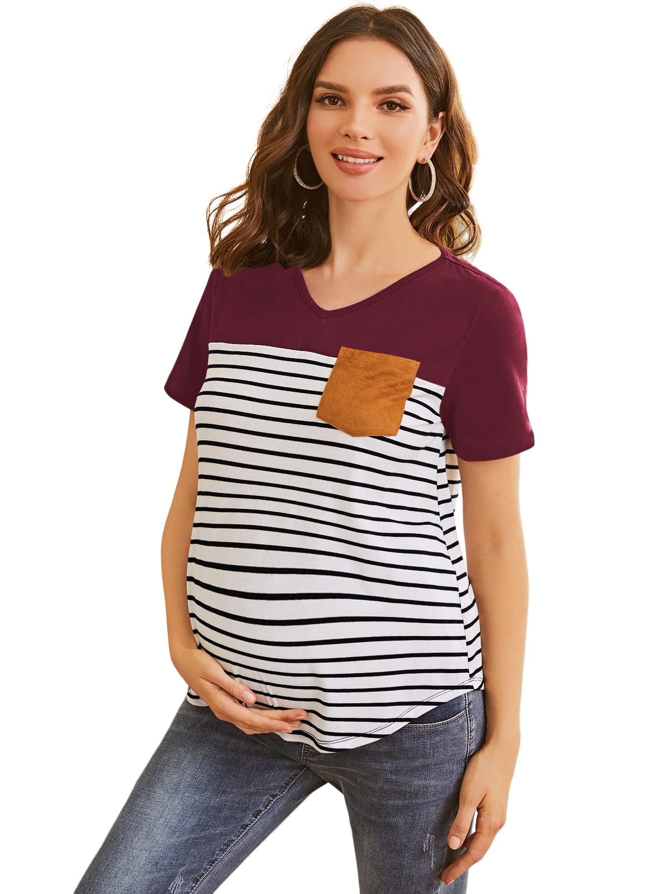 Floerns Women's Maternity Short Sleeve T-Shirt - Colorblock Striped Print Top for Pregnancy Comfort | Casual Wear & Maternity Photoshoot Outfit