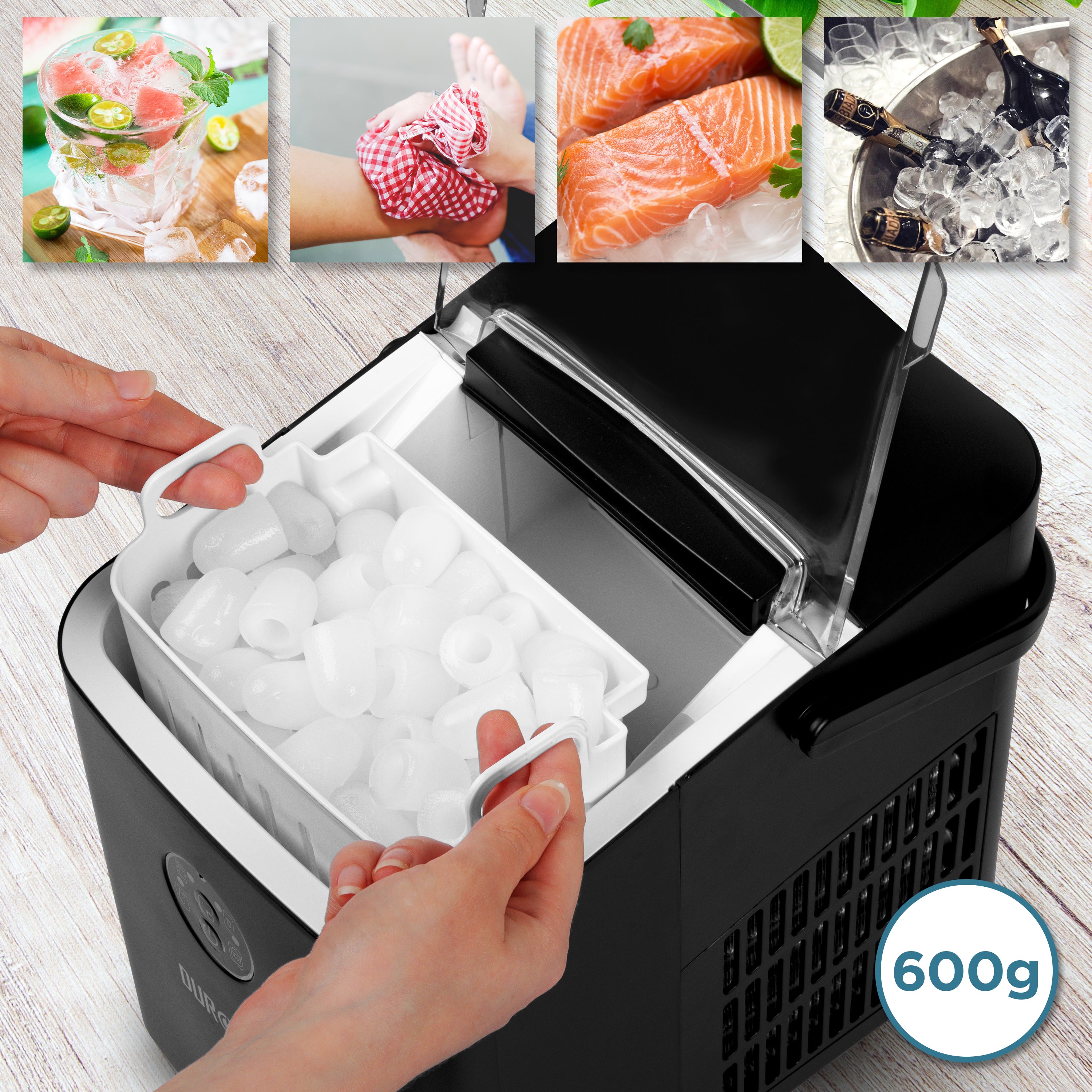 Duronic ICM12 Fast 6-Minute Clear Ice Maker Machine | Portable Automatic Ice Cube Maker with Scoop & Basket | 12KG/24H Self-Cleaning | Perfect for Home, Office, Bar, BBQ, RV & Outdoor Adventures | Black