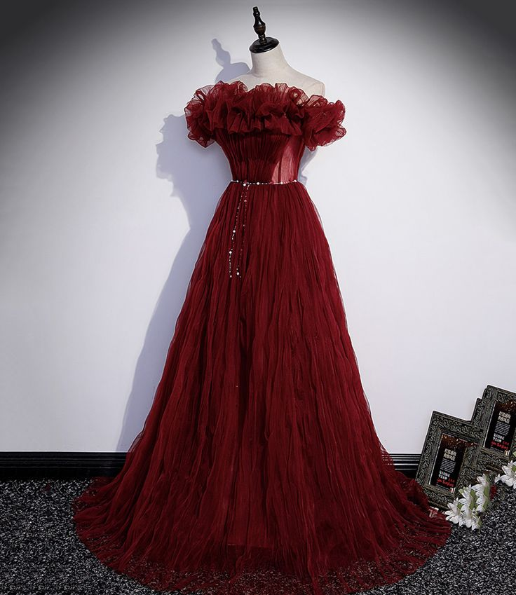 Elegant Burgundy Tulle Long Prom Dress for Formal Evening Events - J4657 | Perfect for Homecoming, Dances & Special Occasions