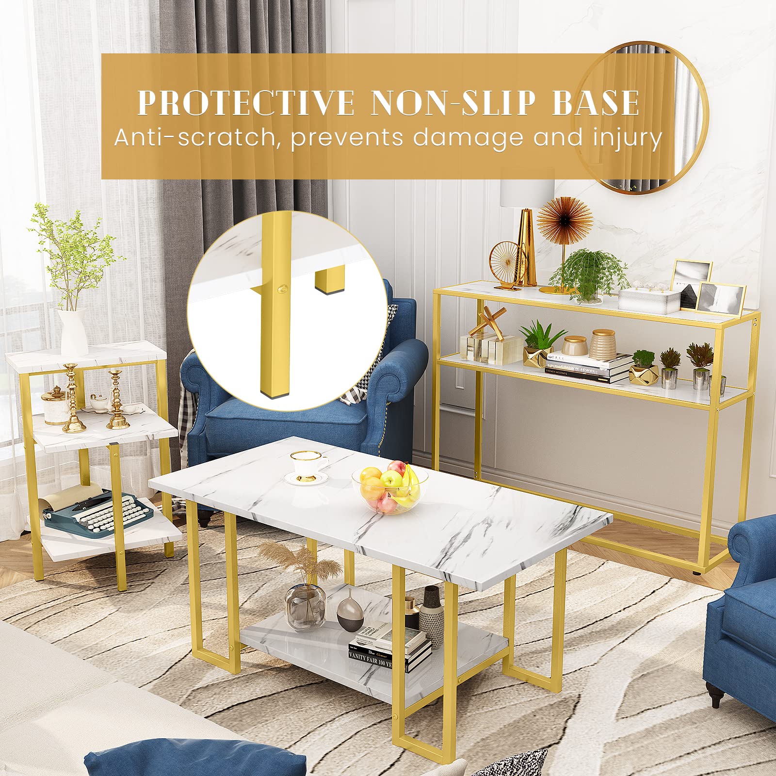 Mid-Century Modern Coffee Table Set of 3 - Faux Marble Top & Metal Frame Living Room Tables with Storage Shelves - Square End Tables for Bedroom, Office - Easy Assembly - Perfect for Small Spaces & Entertaining