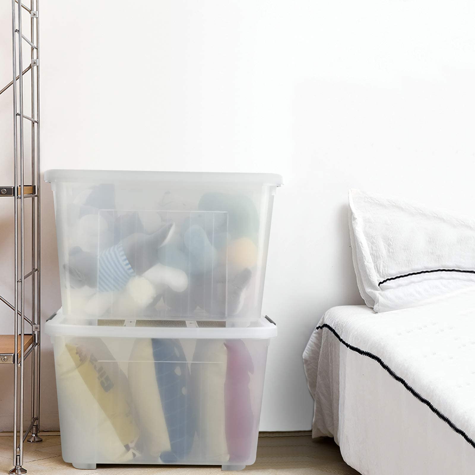 4 Pack Large Plastic Storage Boxes with Wheels & Lids - 70L Heavy Duty Organizing Bins for Home, Garage, Office - Stackable Rolling Storage Containers for Clothes, Toys, Seasonal Decorations