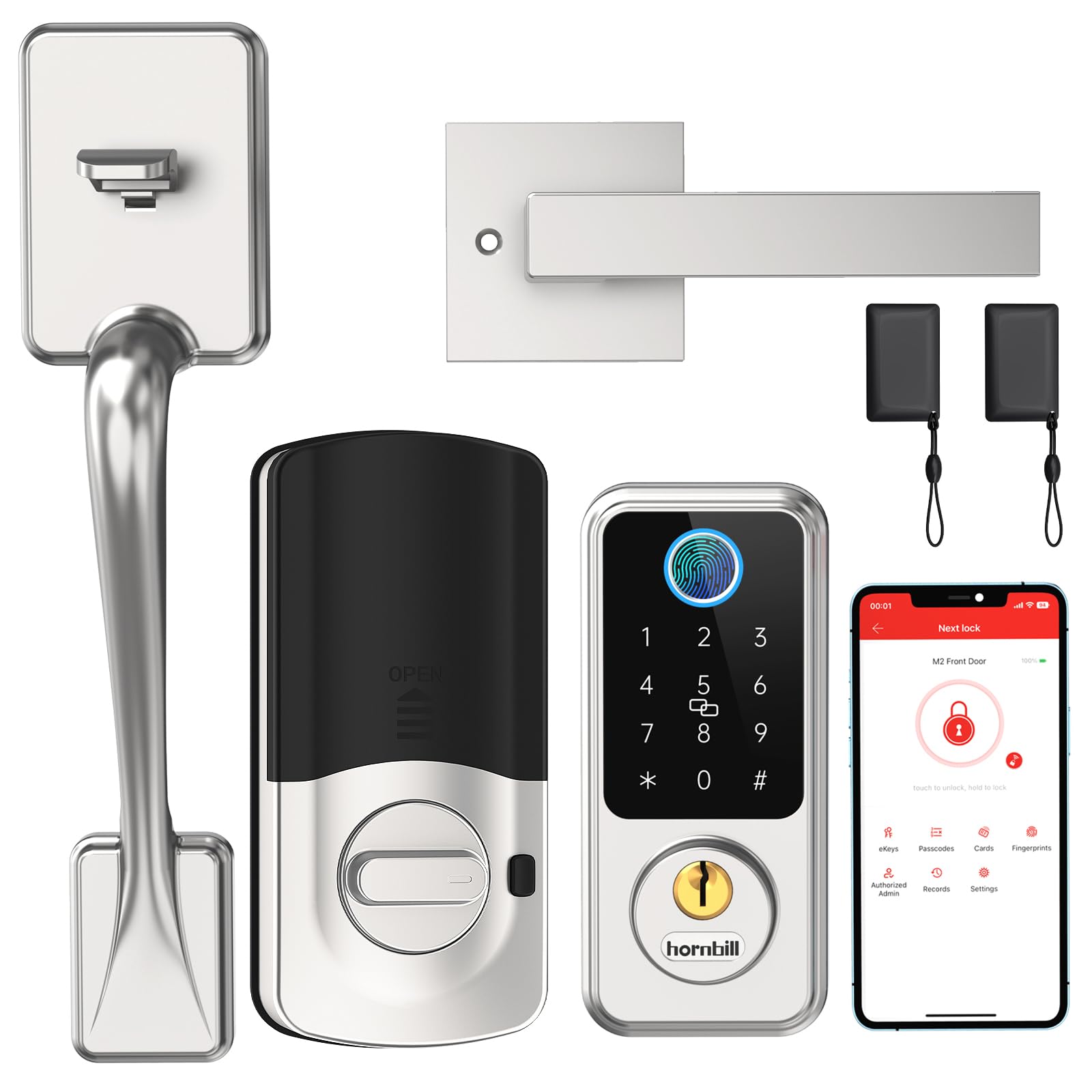 Hornbill Biometric Fingerprint Smart Lock with Front Door Handle Set - Keyless Entry Smart Door Lock with Keypad & Bluetooth - 8-in-1 Smart Deadbolt for Home Security - Auto Lock Digital Smart Door Lock for Front Door, Apartment & Office Access