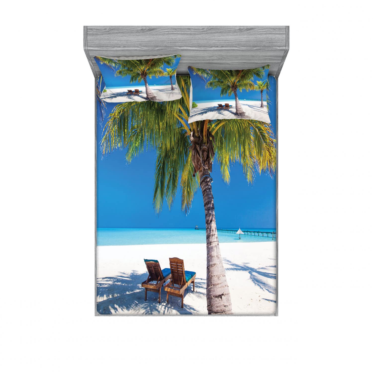 Ambesonne Tropical 2-Piece Queen Fitted Sheet Set with 4 Pillow Shams - Island Palms Sunbeds Design in Green Blue White - Soft Bedding Decor for Beach House, Guest Room & Vacation Home
