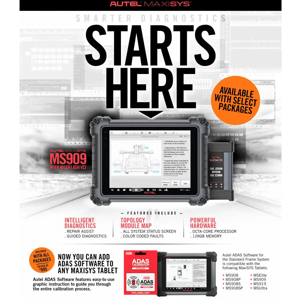 Autel AS30T ADAS All Systems Calibration 3.0 Package with MS909 Tablet & IA800 - Professional Automotive Diagnostic Tool for Advanced Driver Assistance System (ADAS) Calibration in Auto Repair Shops and Dealerships
