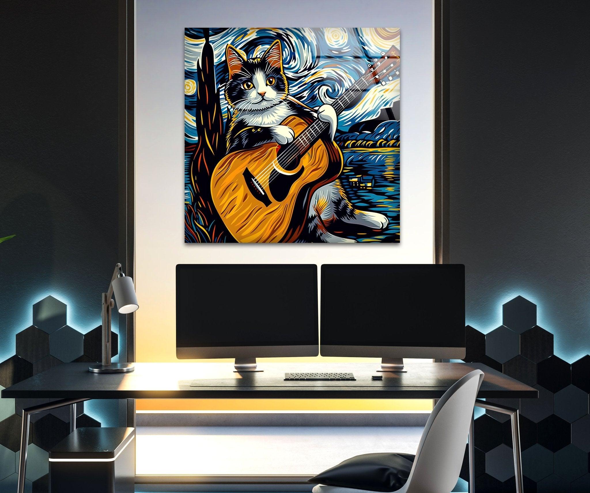 Adorable Cat Playing Guitar Glass Wall Art - Unique Home Decor for Living Room, Bedroom & Office - Perfect Gift for Cat Lovers