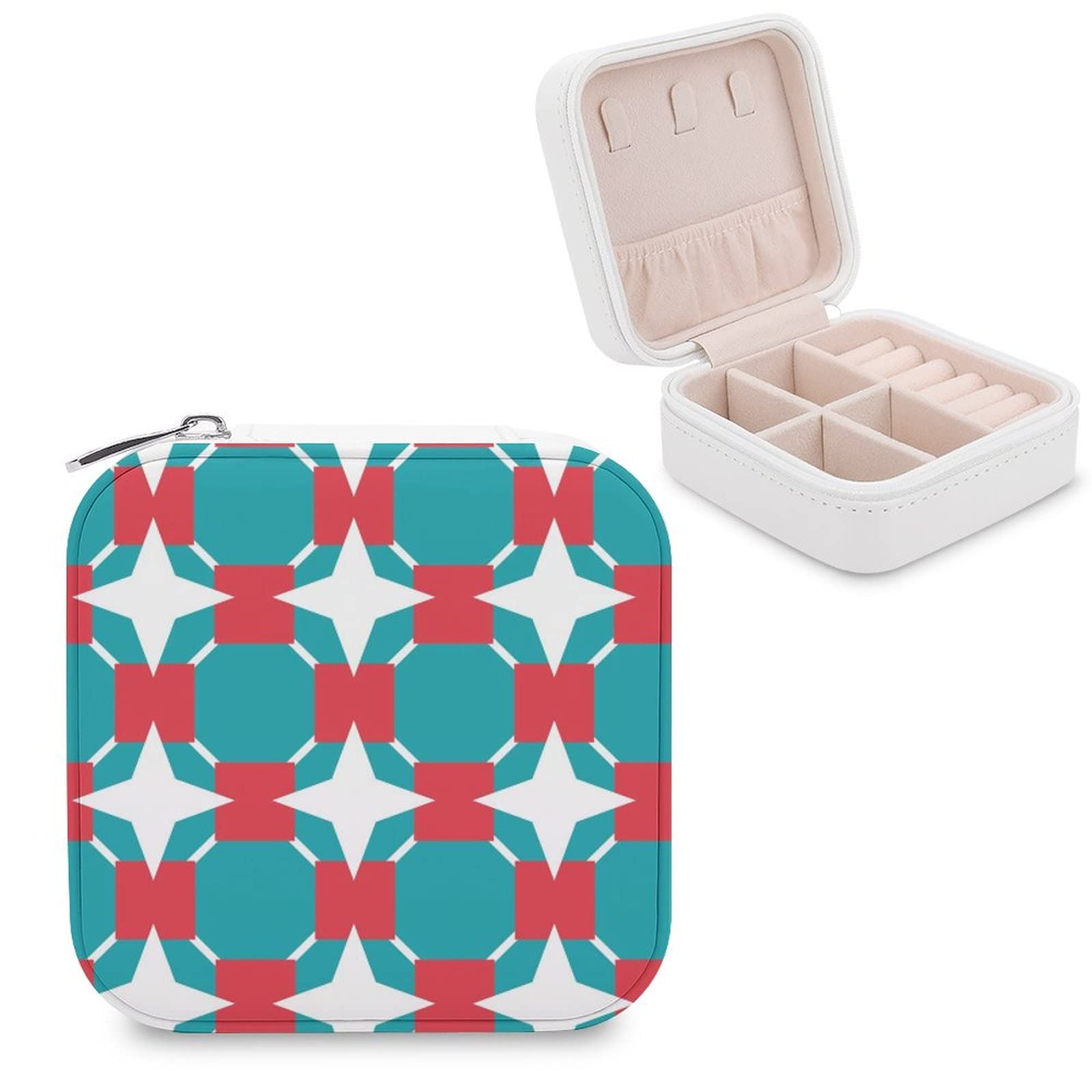 Small Jewelry Box for Travel - Portable Organizer & Display Case for Rings, Earrings, Necklaces - Perfect Gift for Women & Girls - Plaid Star Abstract Pattern in Green, Red & White - Ideal for Travel, Home Storage & Gift Giving
