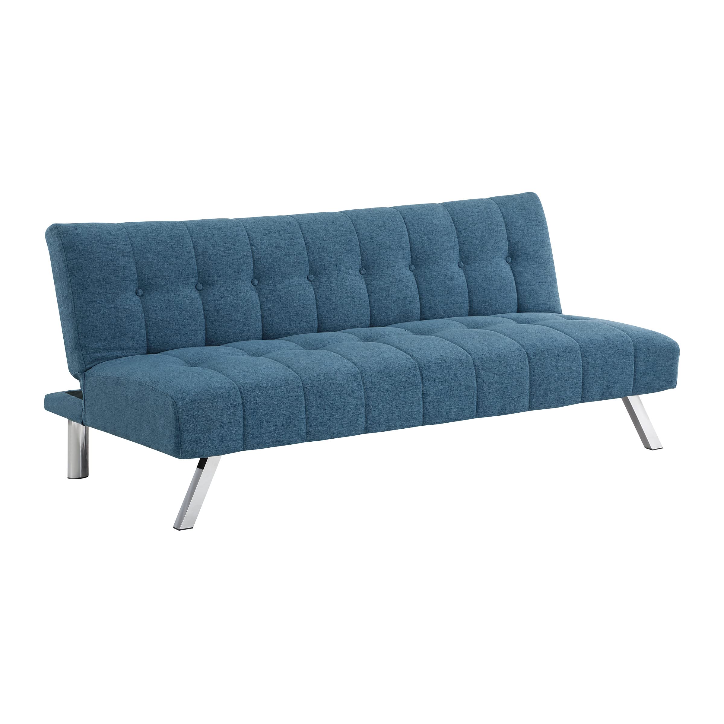 OSP Home Furnishings Sawyer Convertible Futon Sofa with Easy Lift Mechanism & Stainless Steel Legs - Blue Fabric Upholstery | Perfect for Small Spaces, Guest Rooms & Home Offices