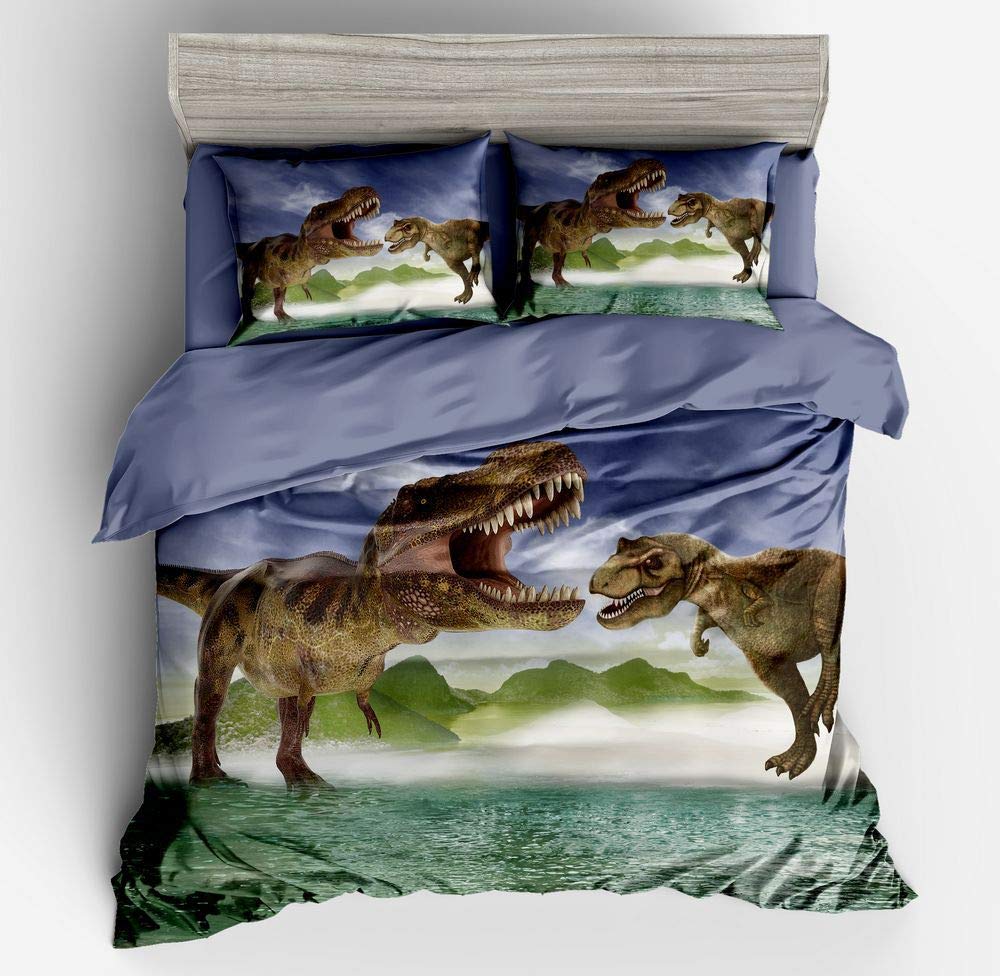 King Size Dinosaur Duvet Cover Set - Jurassic T-Rex Pixel Design with Matching Pillowcases | 3-Piece Bedding for Kids & Adults | Perfect for Dinosaur Themed Bedrooms, Birthday Gifts & Home Decor