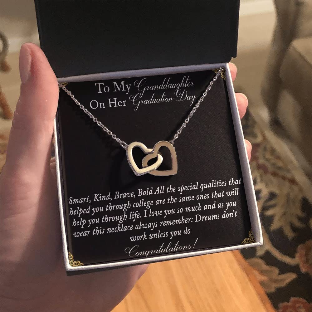 Interlocking Hearts Necklace - Graduation Gift for Granddaughter, Smart & Brave - Jewelry with Message Card for High School & College Grads
