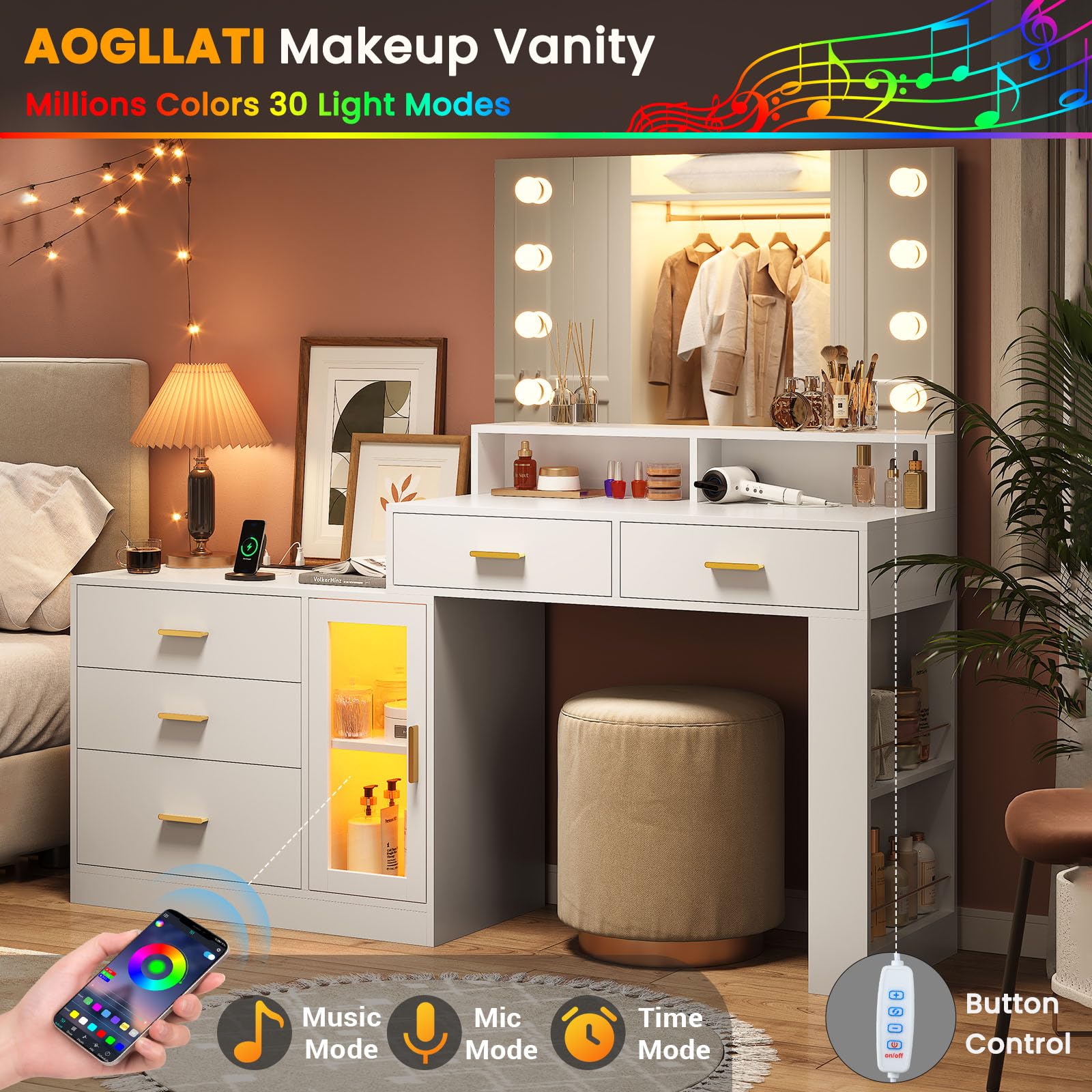AOGLLATI White Makeup Vanity Desk with LED Mirror & Lights - 3 Drawers, 5 Storage Cabinets & USB Charging Station - 3 Adjustable Lighting Modes for Perfect Glam - Ideal for Bedroom, Dressing Room & Beauty Salon